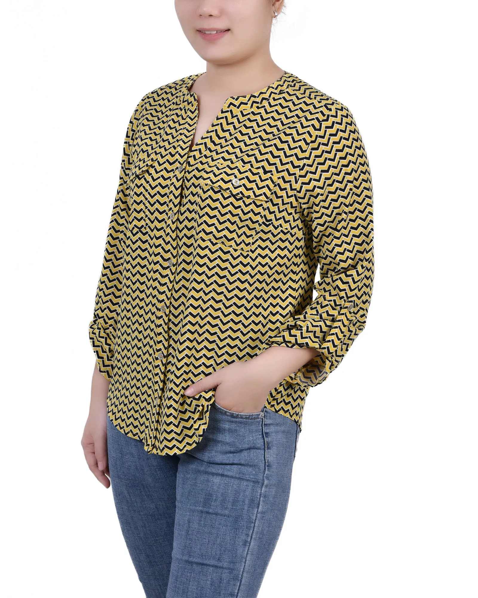 Blouse Petite à Encolure en Y avec Manches 3/4 et Pattes à Enrouler