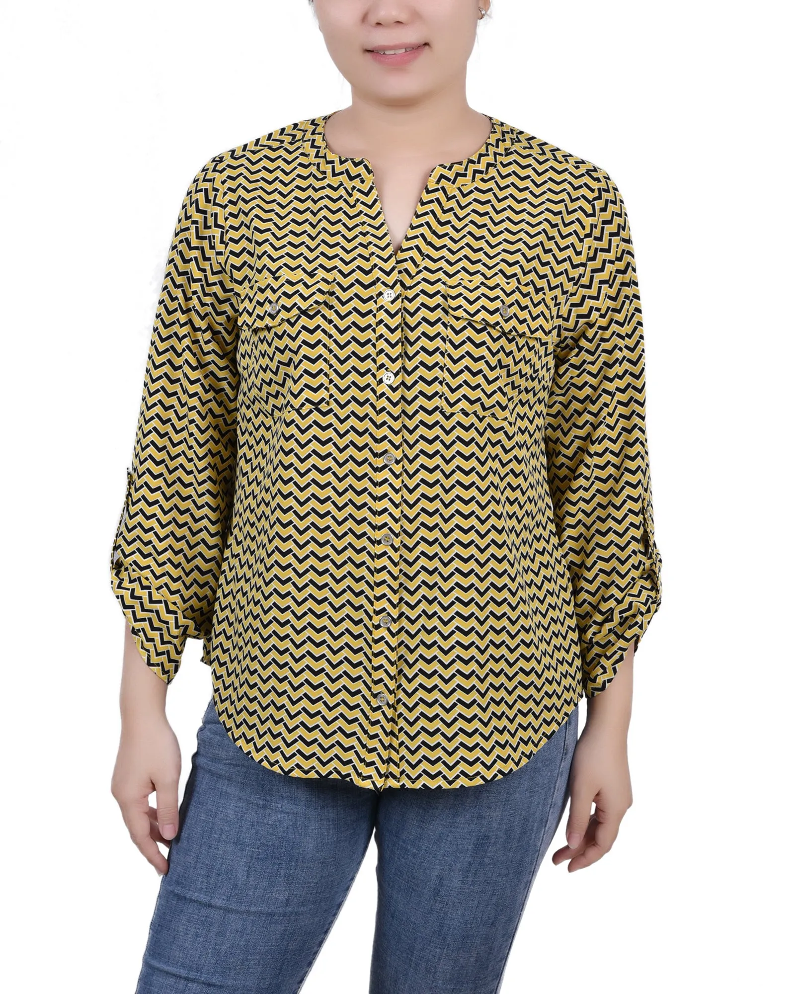Blouse Petite à Encolure en Y avec Manches 3/4 et Pattes à Enrouler