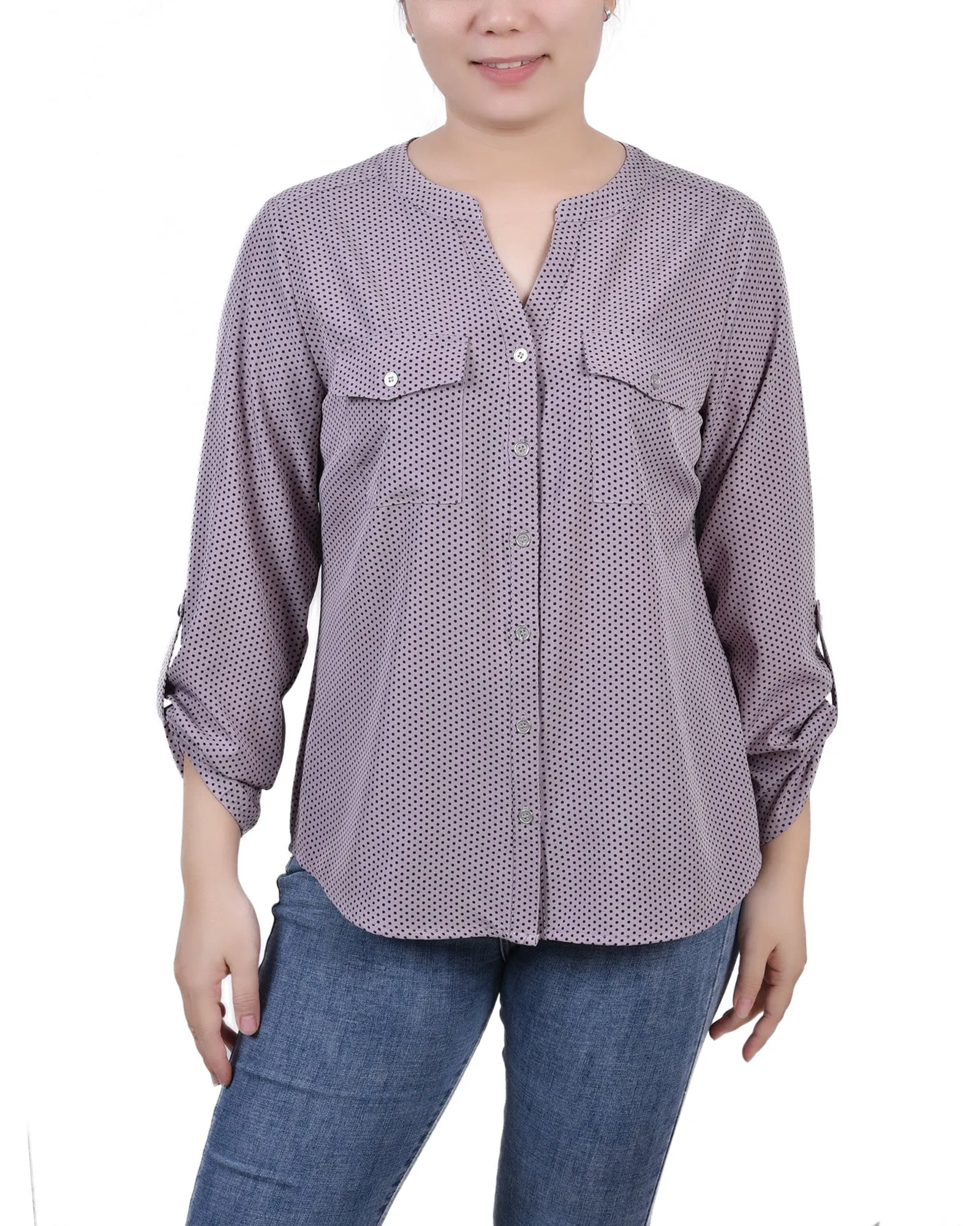 Blouse Petite à Encolure en Y avec Manches 3/4 et Pattes à Enrouler