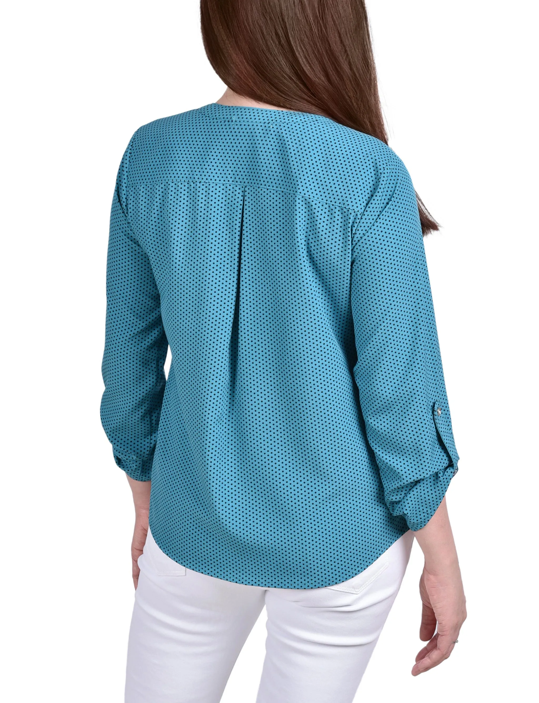 Blouse Petite à Encolure en Y avec Manches 3/4 et Pattes à Enrouler