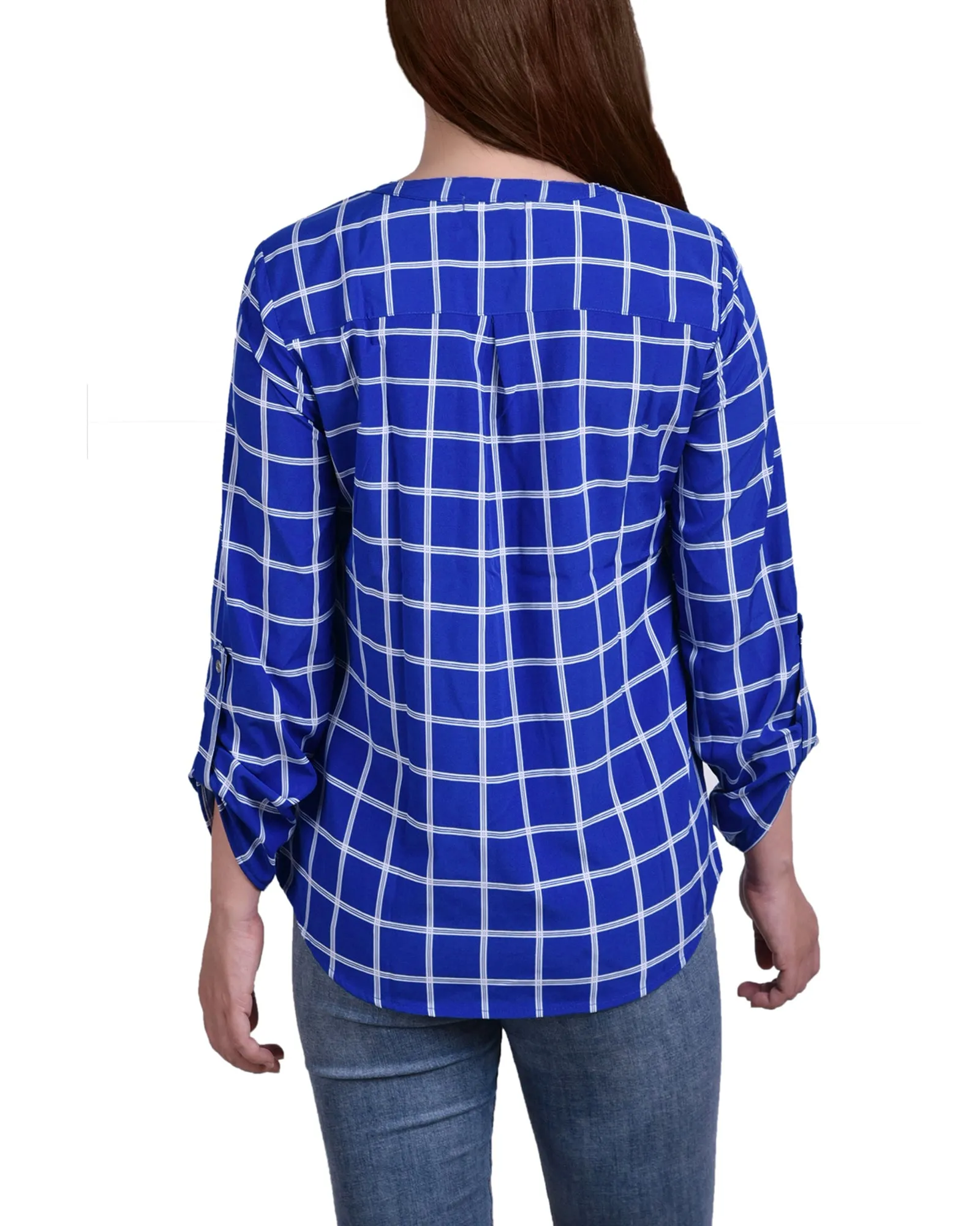 Blouse Petite à Encolure en Y avec Manches 3/4 et Pattes à Enrouler