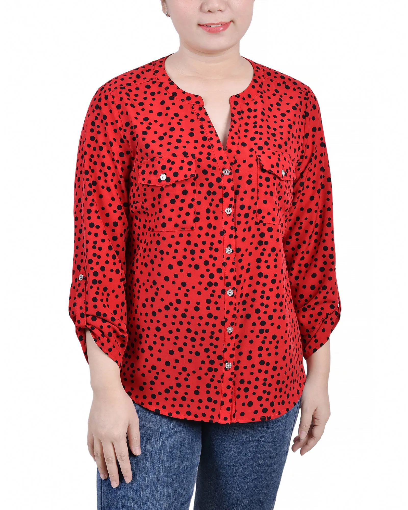 Blouse Petite à Encolure en Y avec Manches 3/4 et Pattes à Enrouler