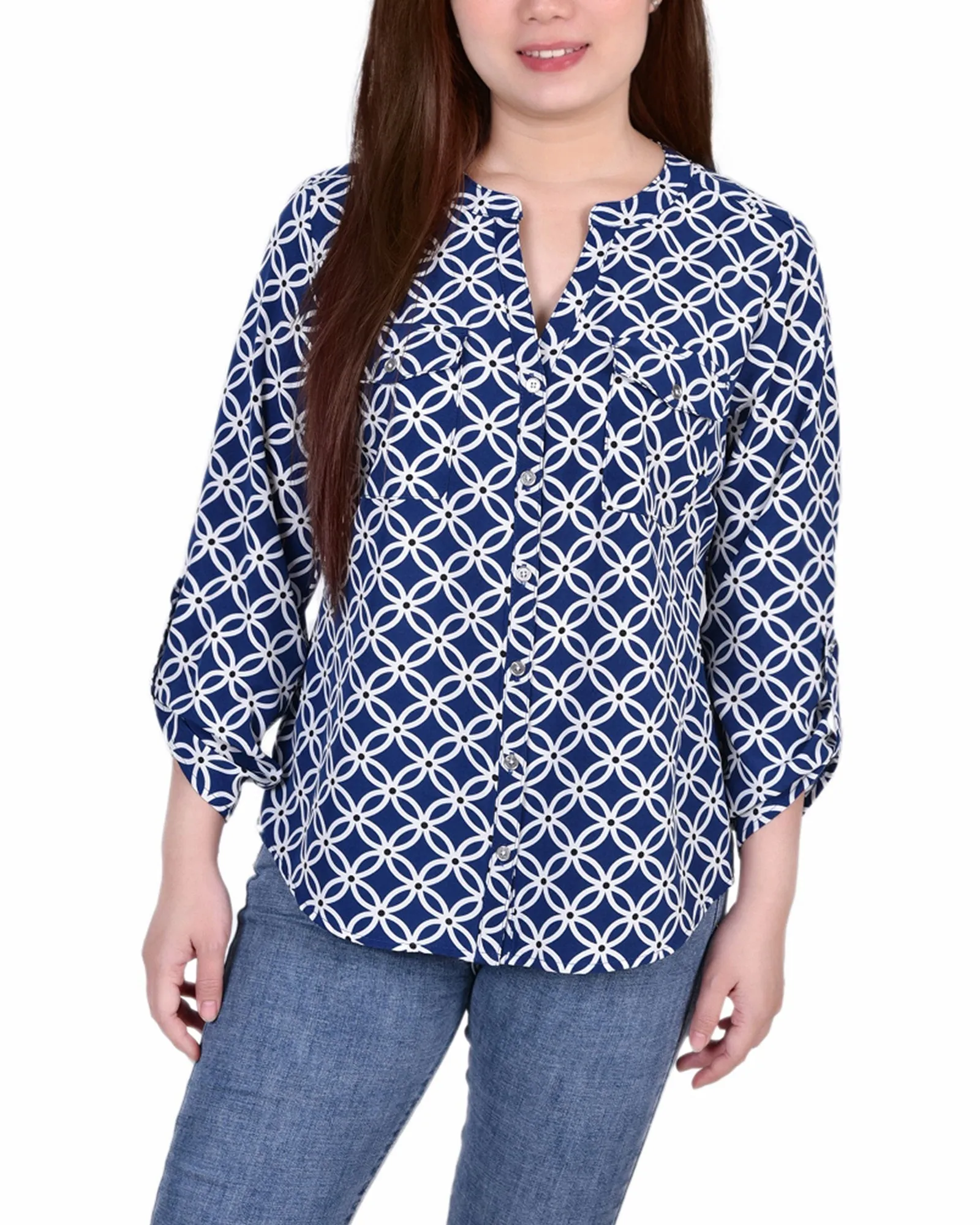 Blouse Petite à Encolure en Y avec Manches 3/4 et Pattes à Enrouler