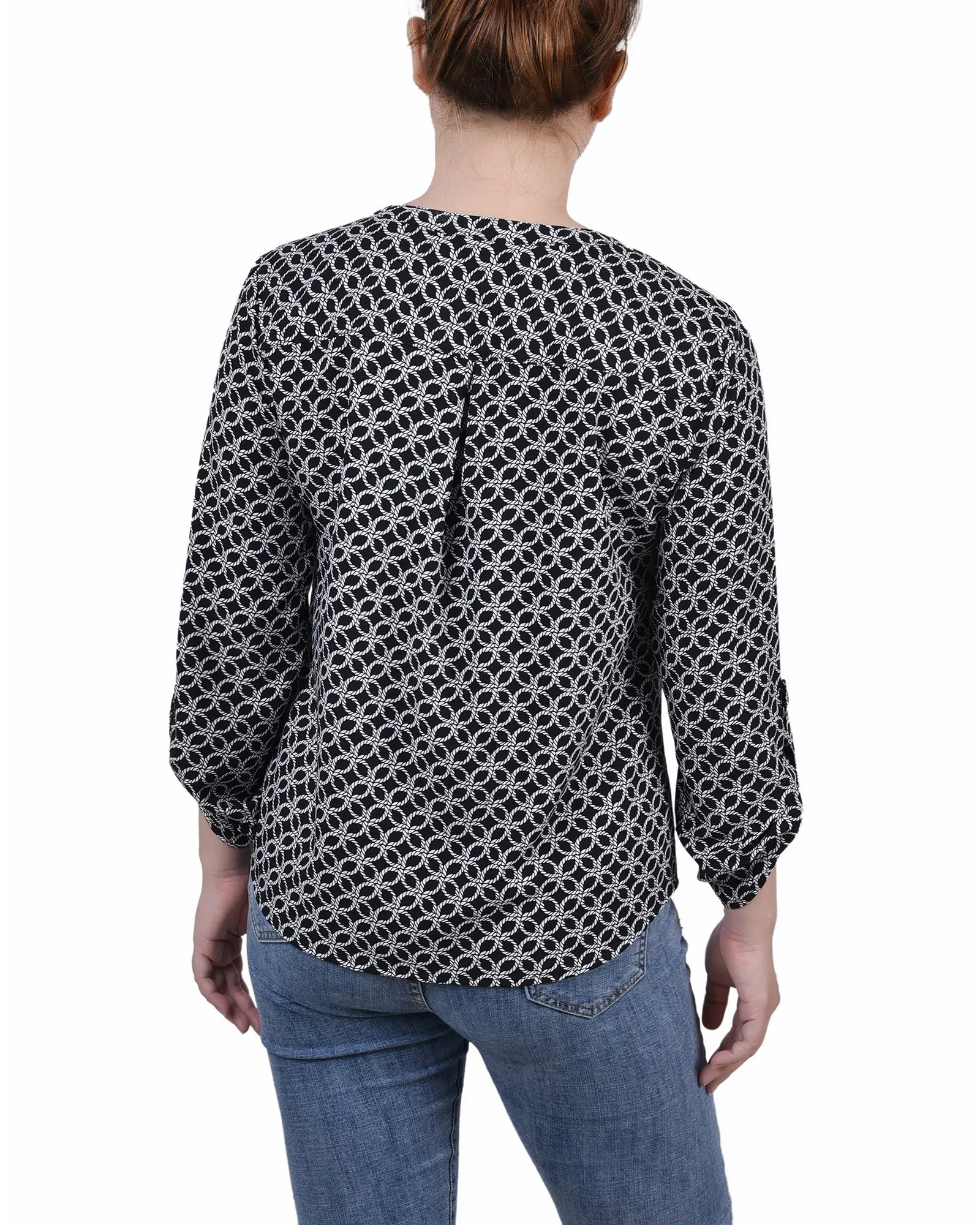 Blouse Petite à Encolure en Y avec Manches 3/4 et Pattes à Enrouler