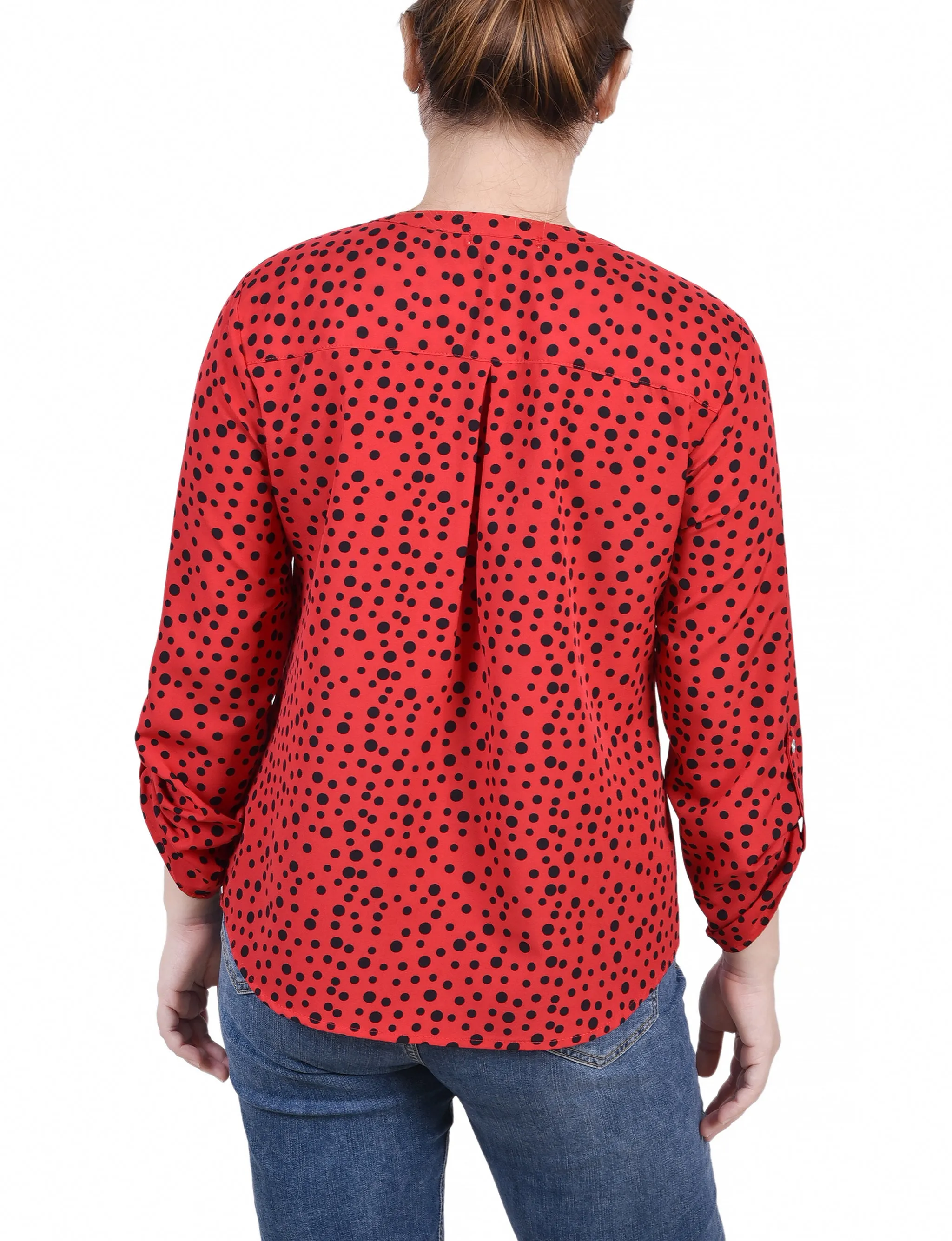 Blouse Petite à Encolure en Y avec Manches 3/4 et Pattes à Enrouler