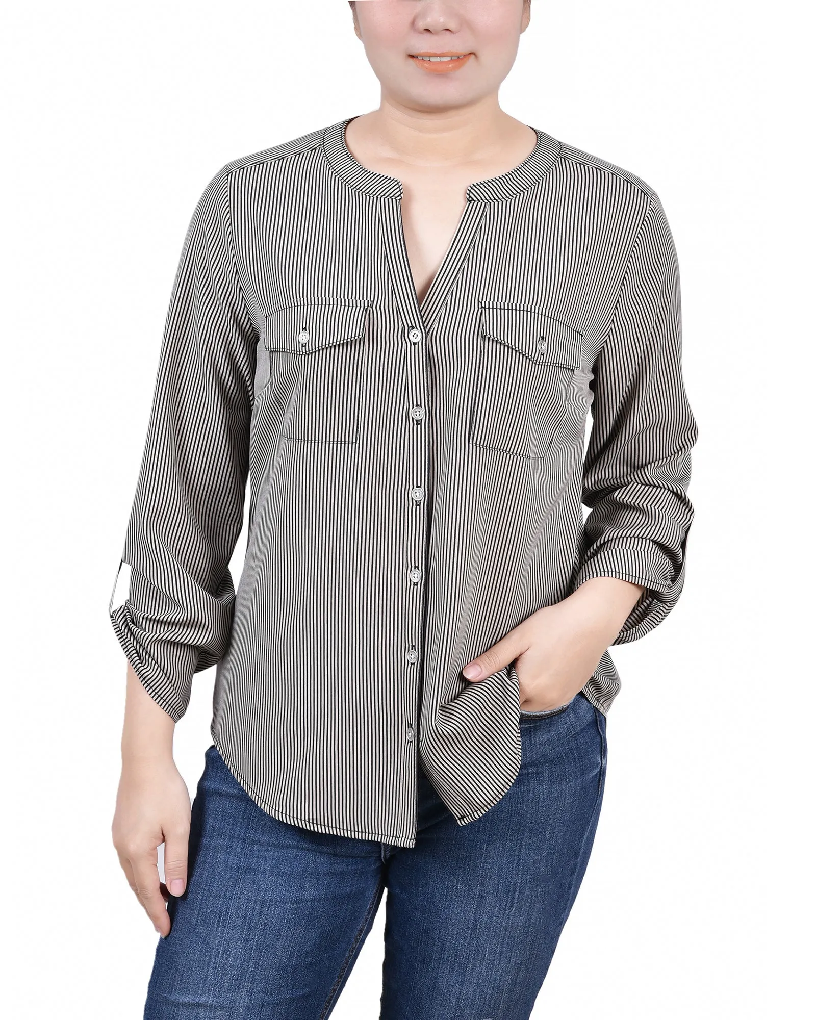 Blouse Petite à Encolure en Y avec Manches 3/4 et Pattes à Enrouler