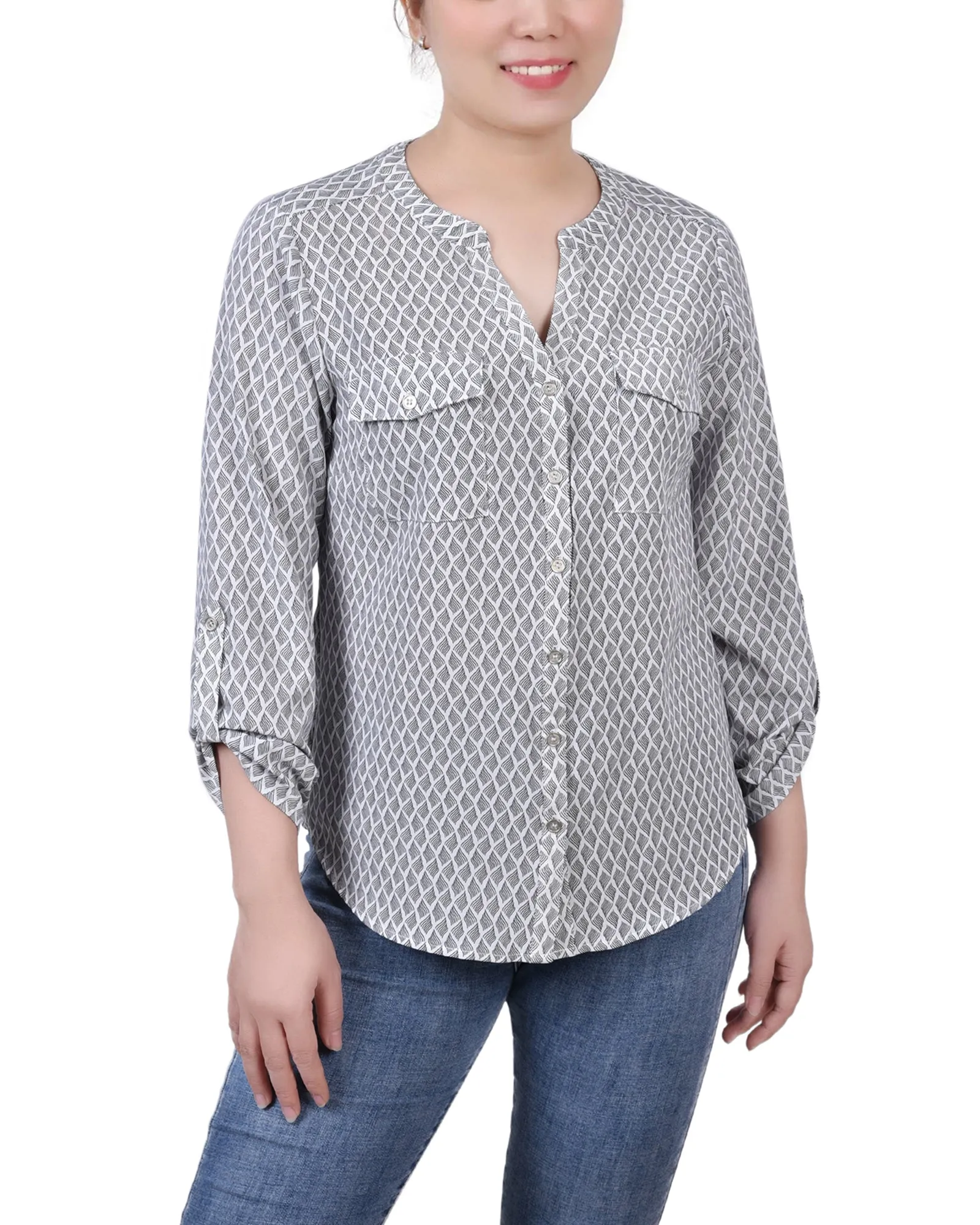 Blouse Petite à Encolure en Y avec Manches 3/4 et Pattes à Enrouler