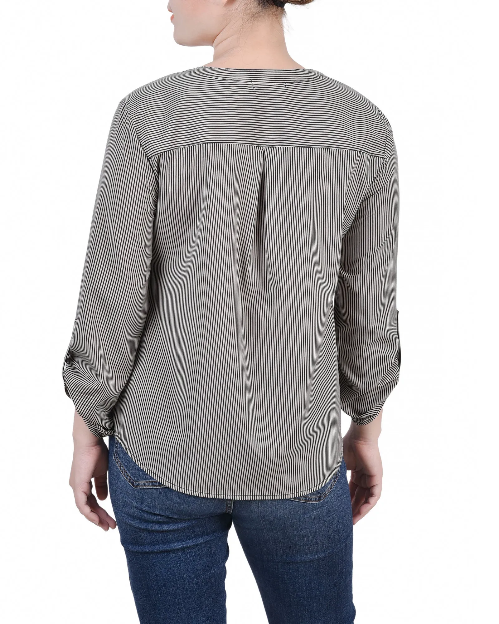 Blouse Petite à Encolure en Y avec Manches 3/4 et Pattes à Enrouler