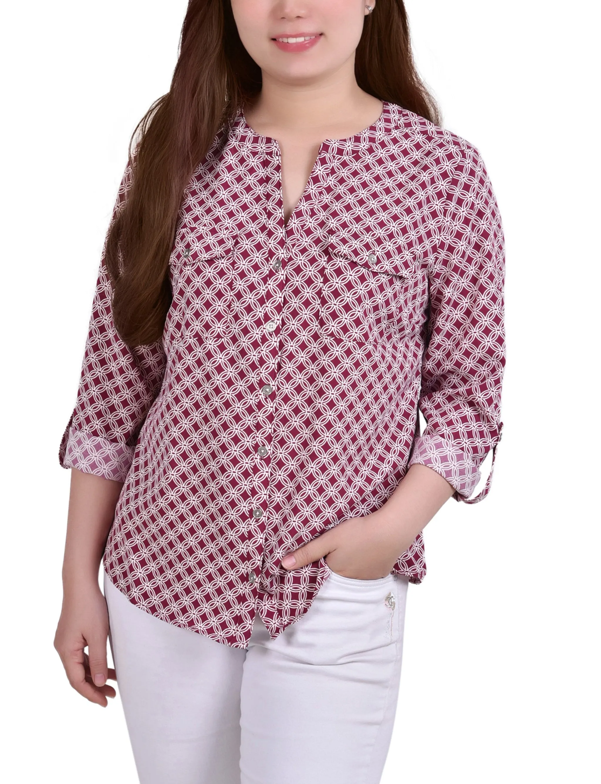 Blouse Petite à Encolure en Y avec Manches 3/4 et Pattes à Enrouler