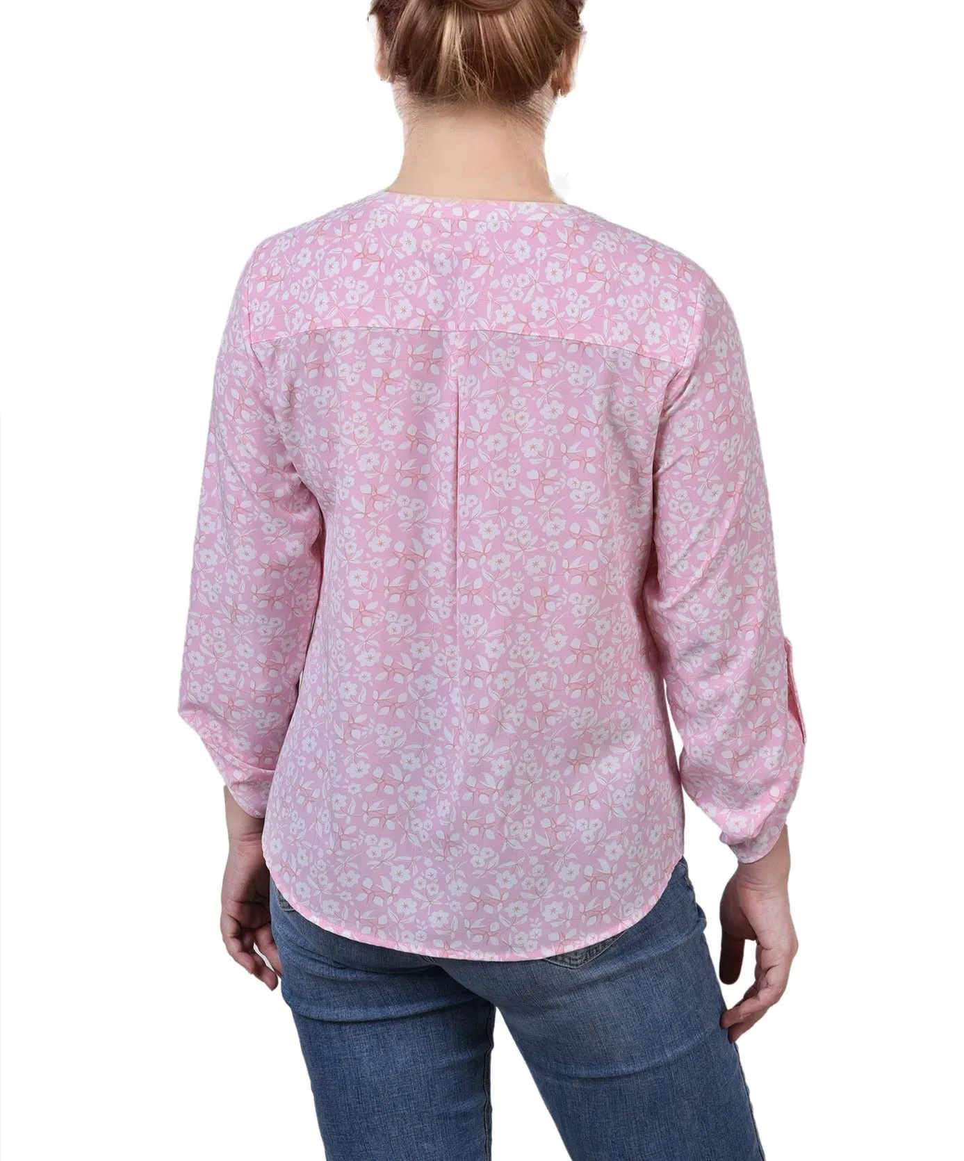 Blouse Petite à Encolure en Y avec Manches 3/4 et Pattes à Enrouler