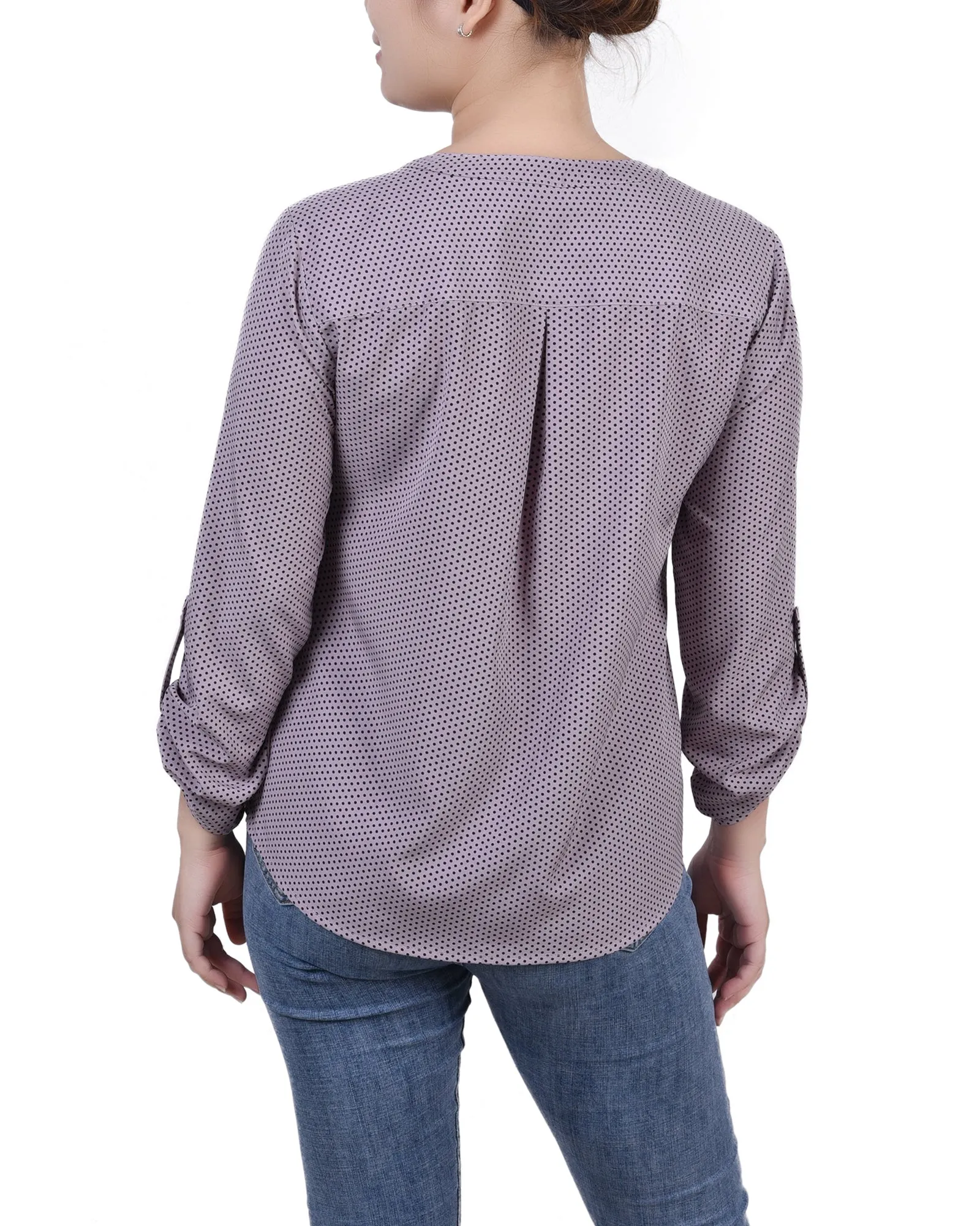Blouse Petite à Encolure en Y avec Manches 3/4 et Pattes à Enrouler