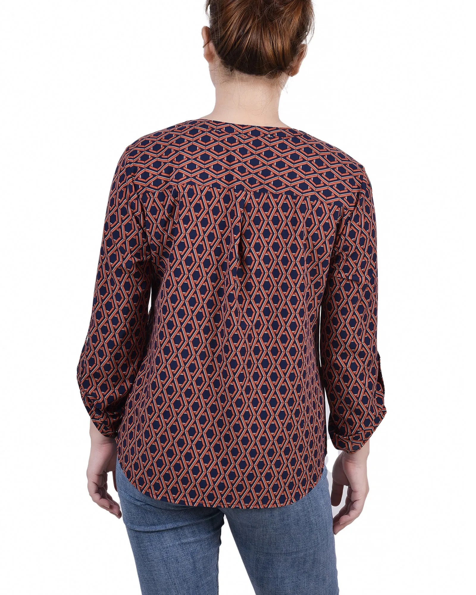Blouse Petite à Encolure en Y avec Manches 3/4 et Pattes à Enrouler