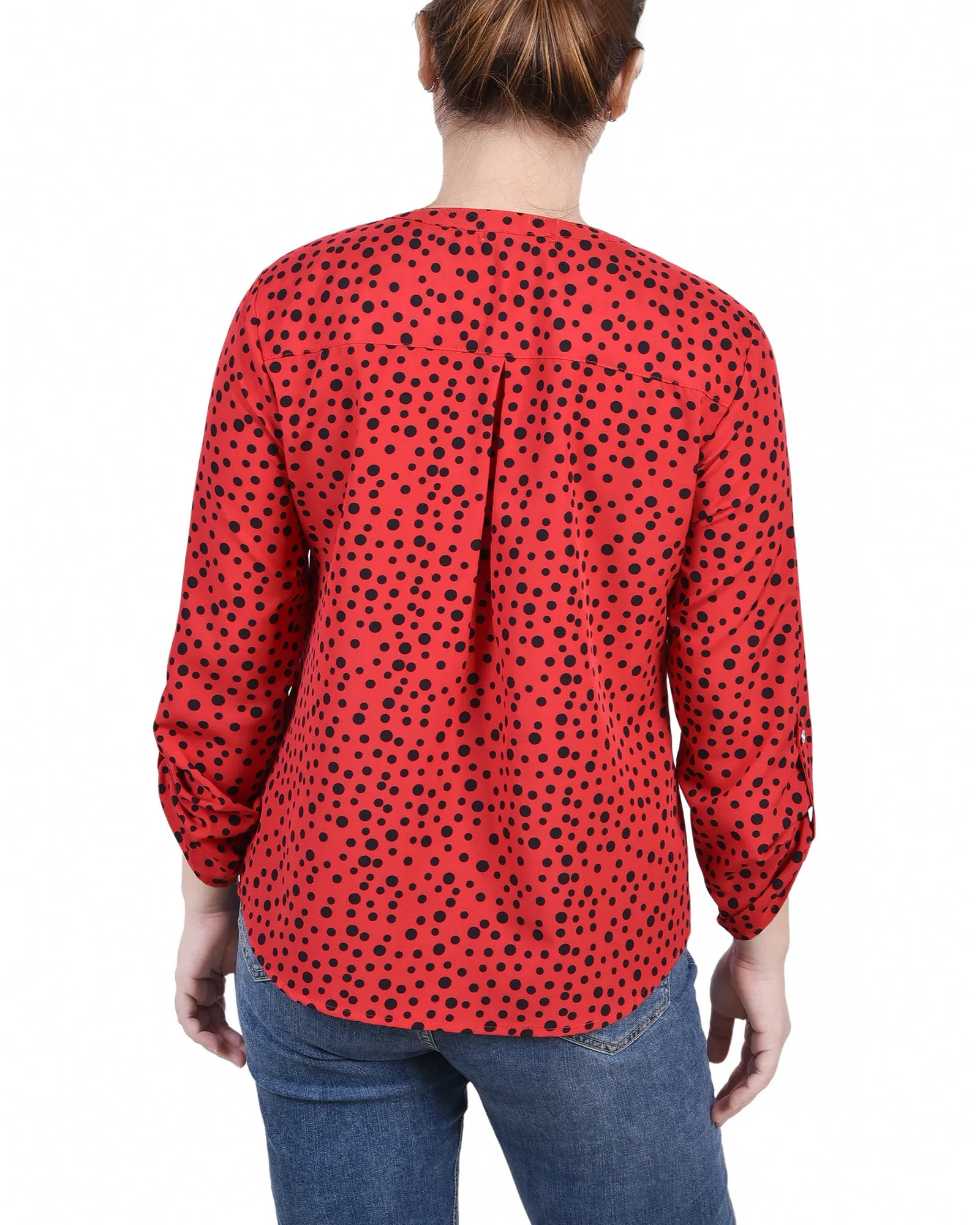Blouse Petite à Encolure en Y avec Manches 3/4 et Pattes à Enrouler