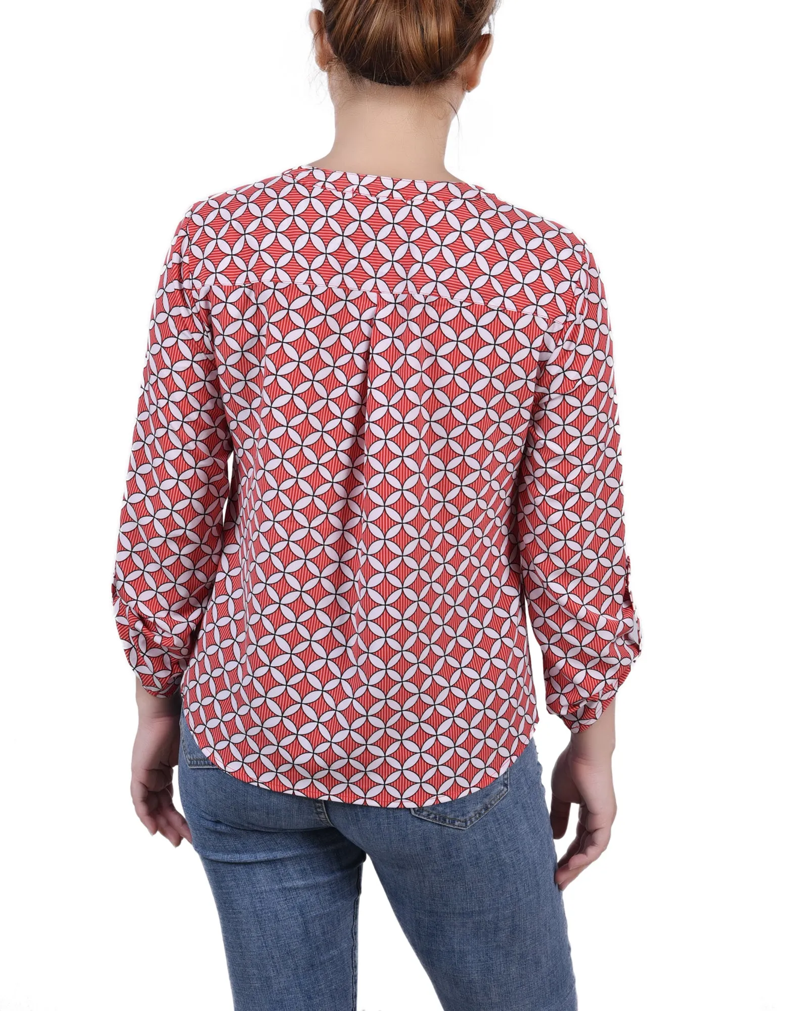 Blouse Petite à Encolure en Y avec Manches 3/4 et Pattes à Enrouler
