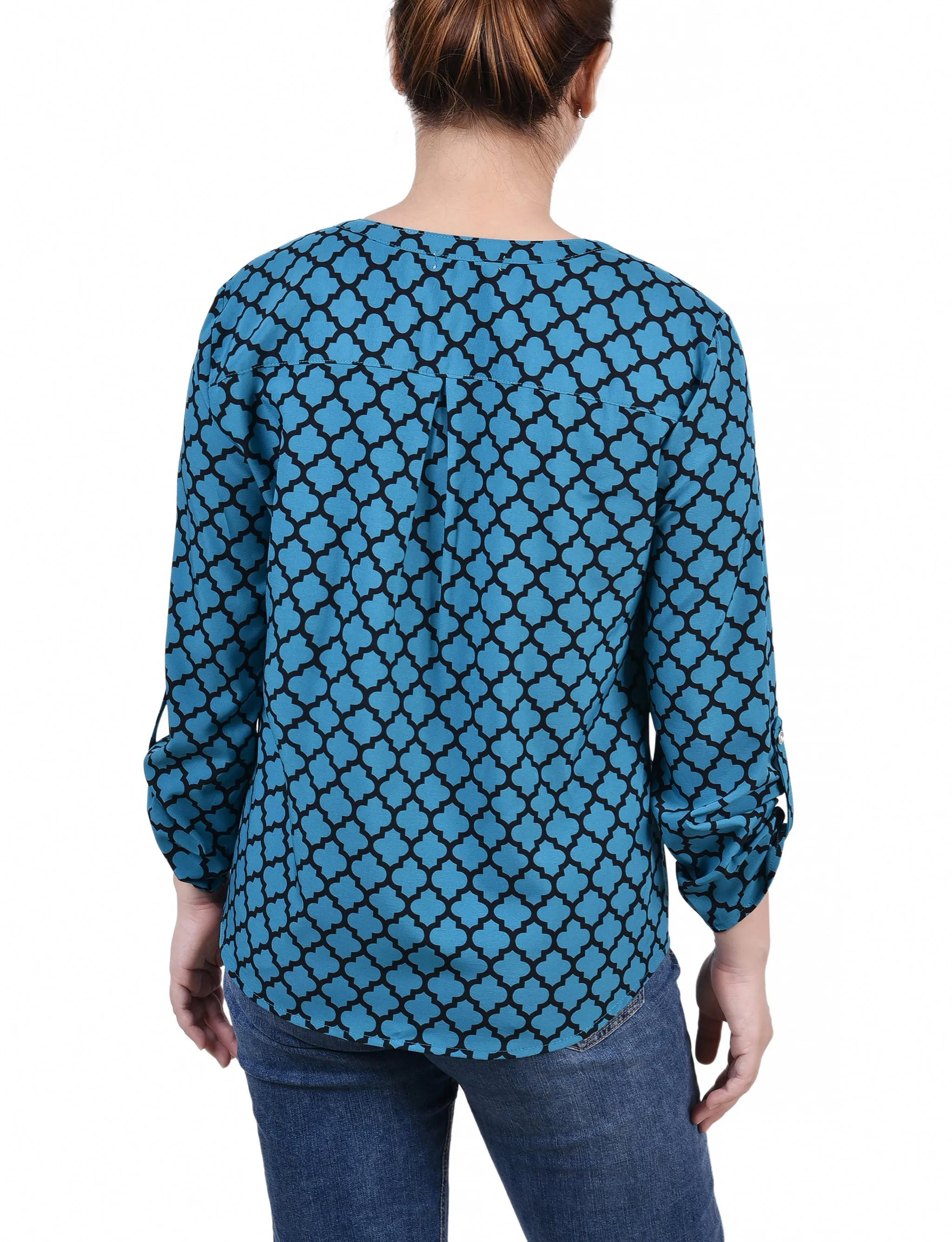 Blouse Petite à Encolure en Y avec Manches 3/4 et Pattes à Enrouler