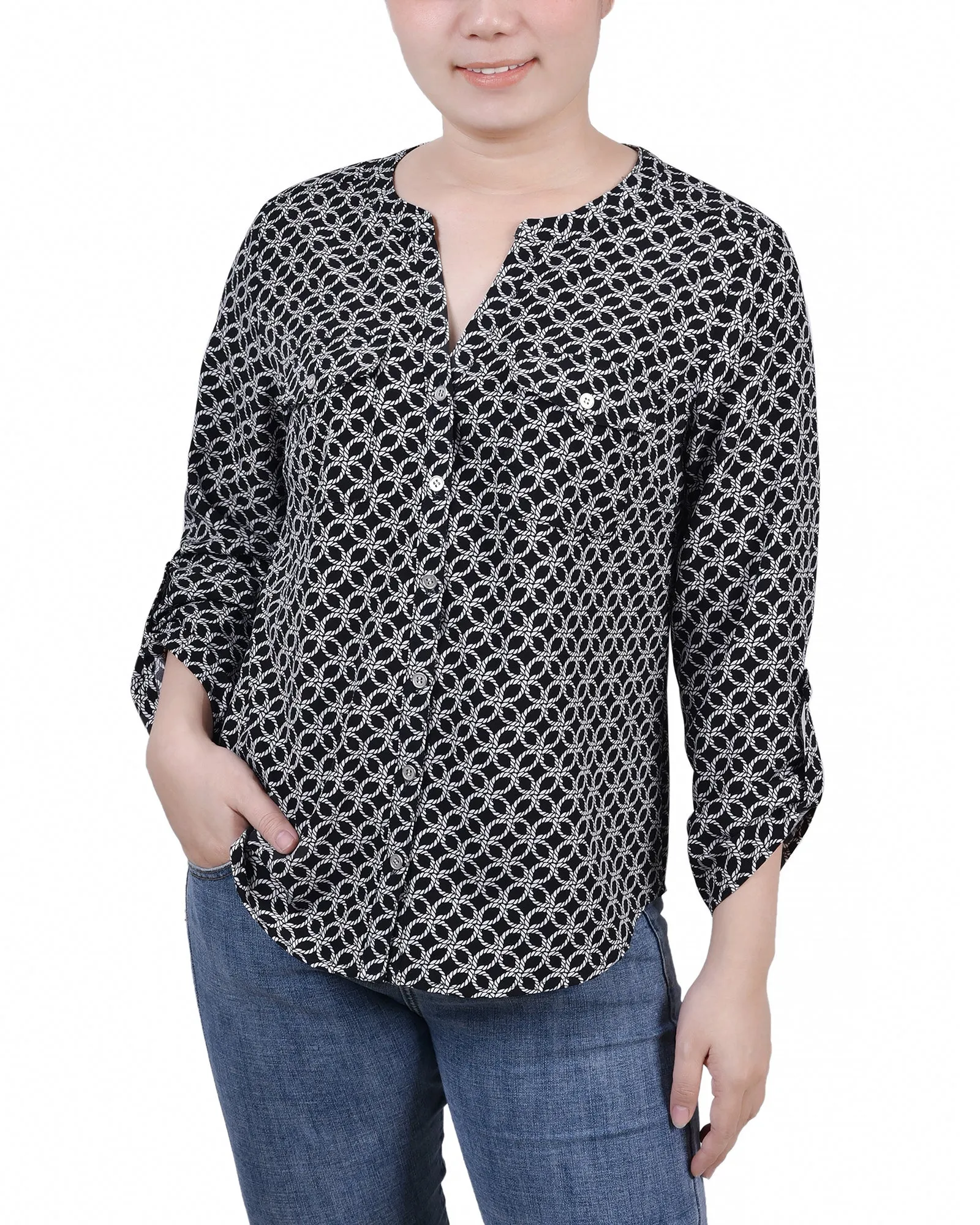 Blouse Petite à Encolure en Y avec Manches 3/4 et Pattes à Enrouler