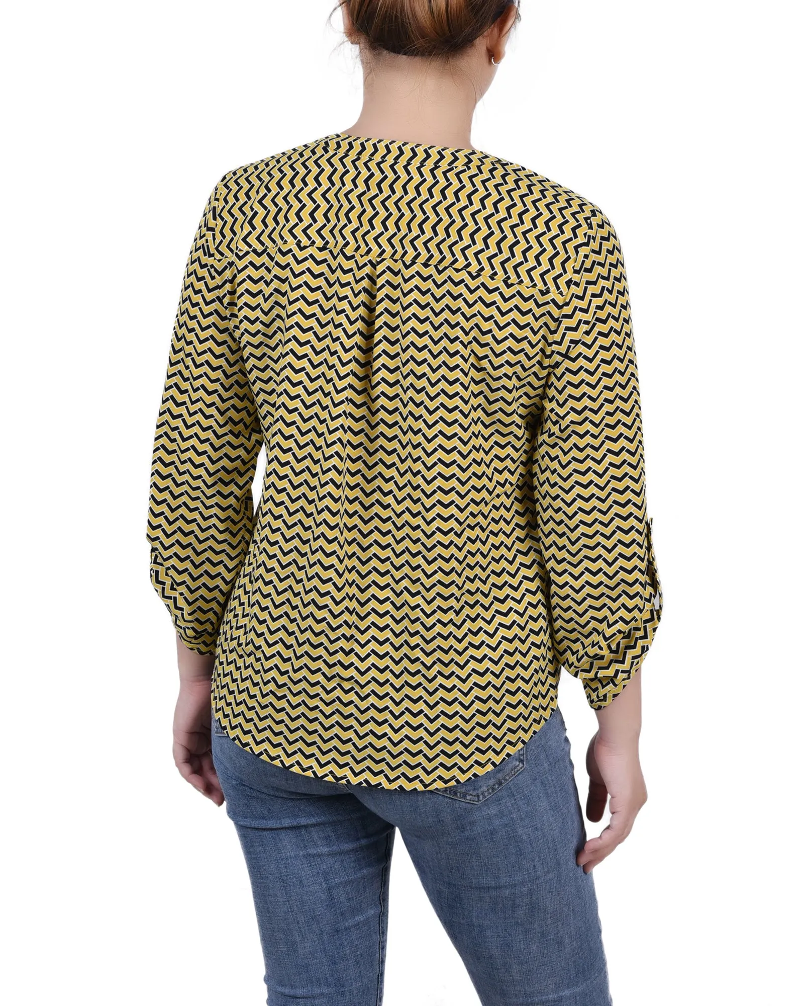 Blouse Petite à Encolure en Y avec Manches 3/4 et Pattes à Enrouler