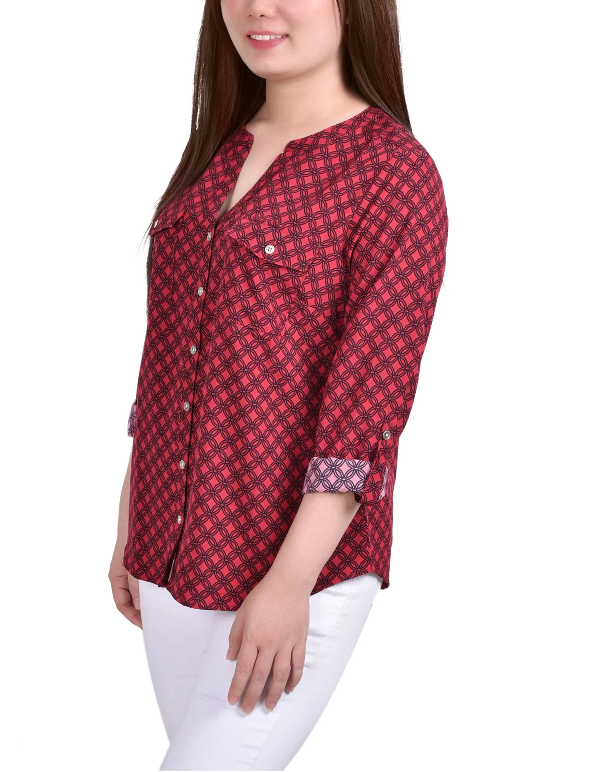 Blouse Petite à Encolure en Y avec Manches 3/4 et Pattes à Enrouler