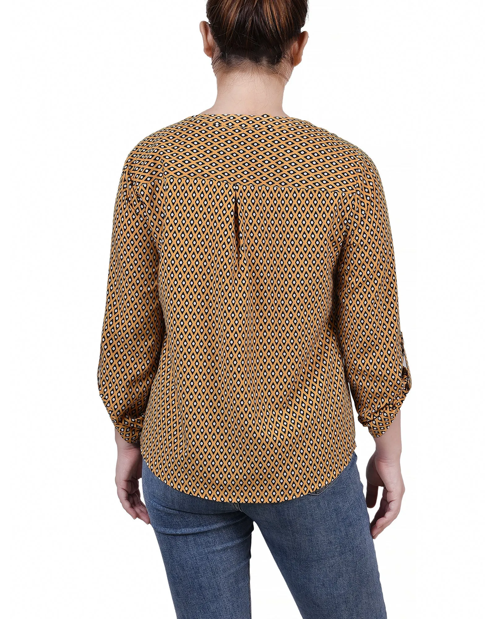 Blouse Petite à Encolure en Y avec Manches 3/4 et Pattes à Enrouler
