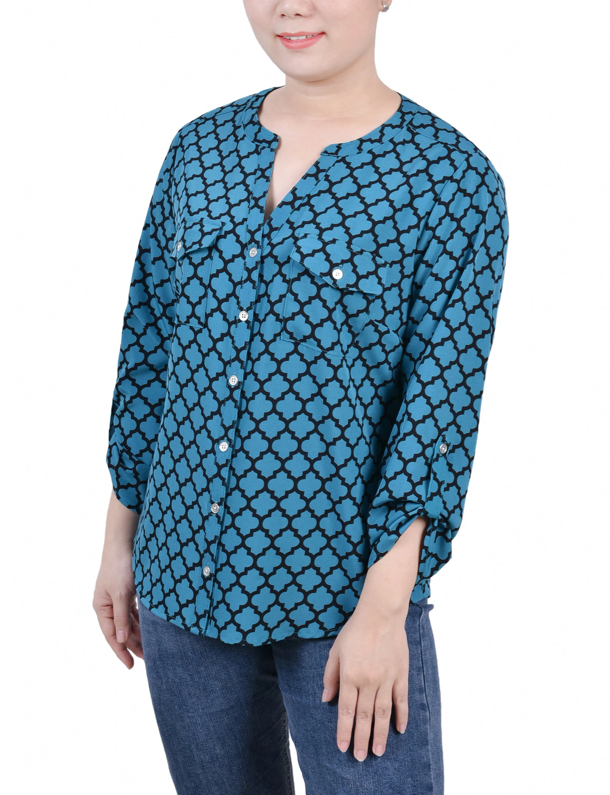 Blouse Petite à Encolure en Y avec Manches 3/4 et Pattes à Enrouler