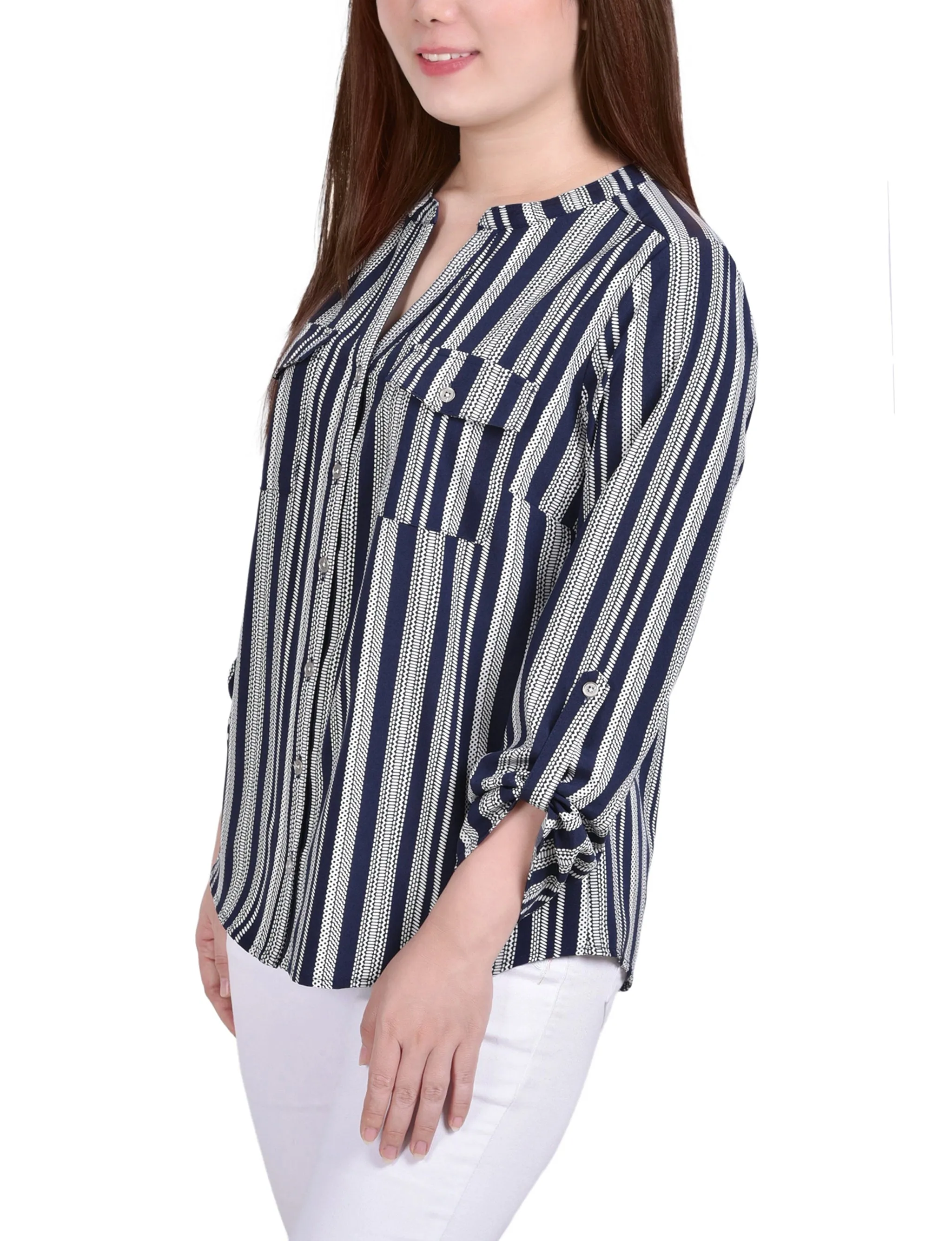 Blouse Petite à Encolure en Y avec Manches 3/4 et Pattes à Enrouler