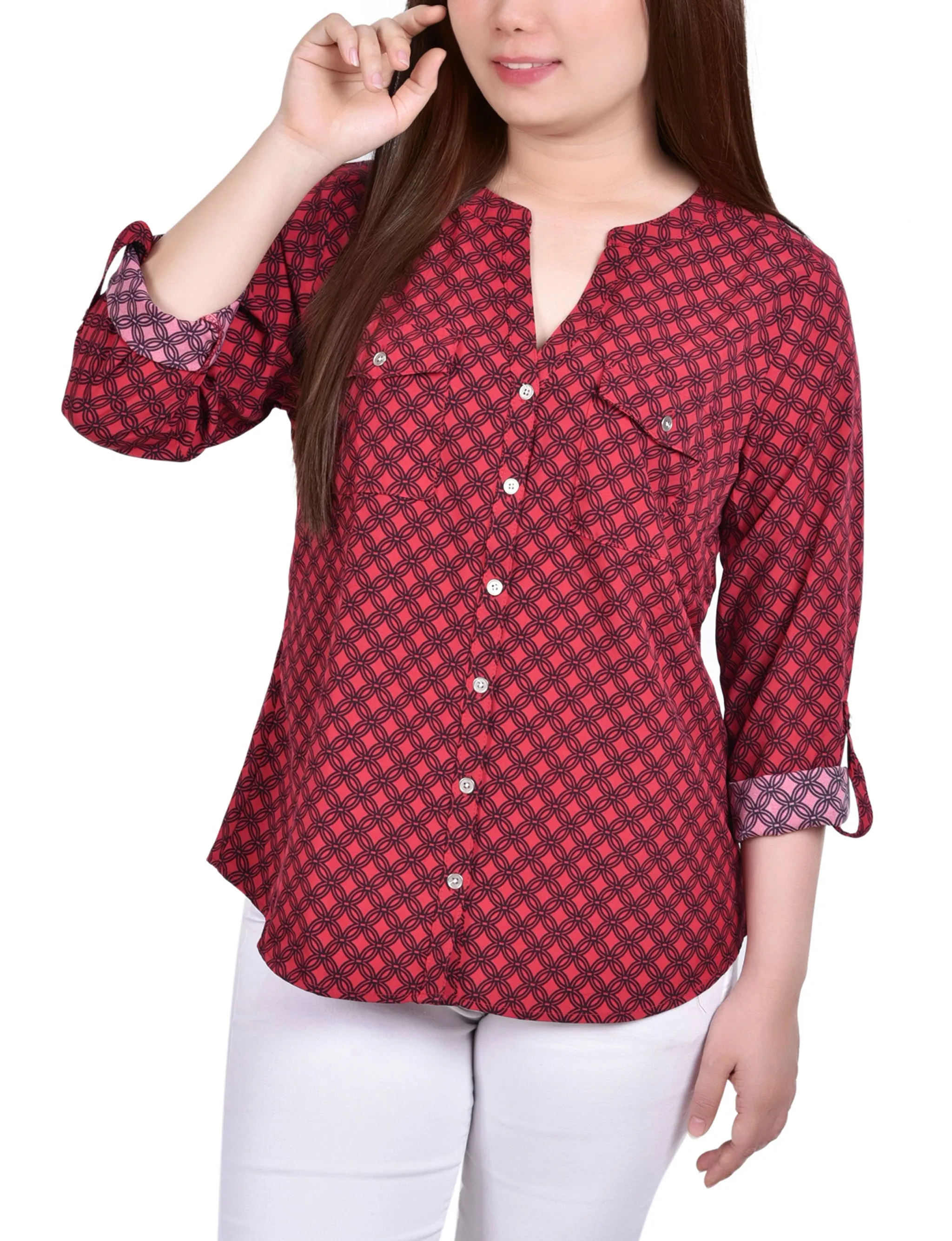 Blouse Petite à Encolure en Y avec Manches 3/4 et Pattes à Enrouler