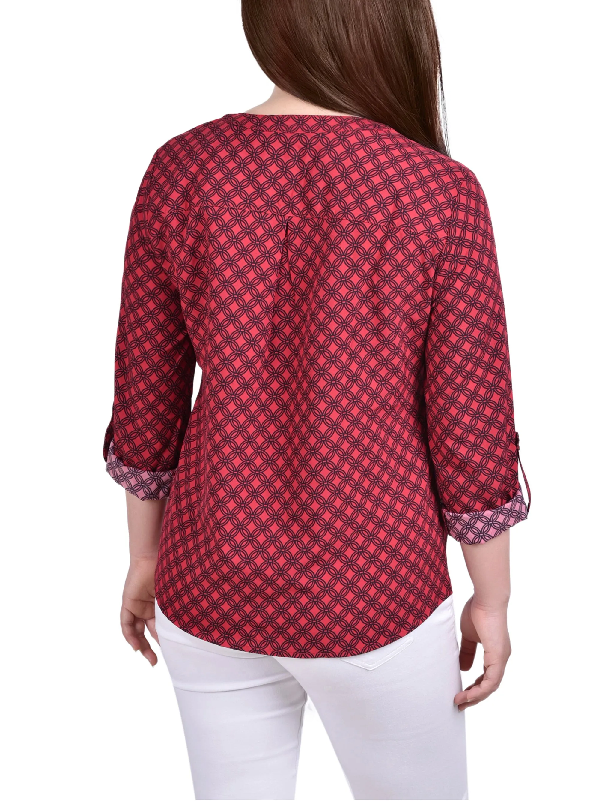 Blouse Petite à Encolure en Y avec Manches 3/4 et Pattes à Enrouler