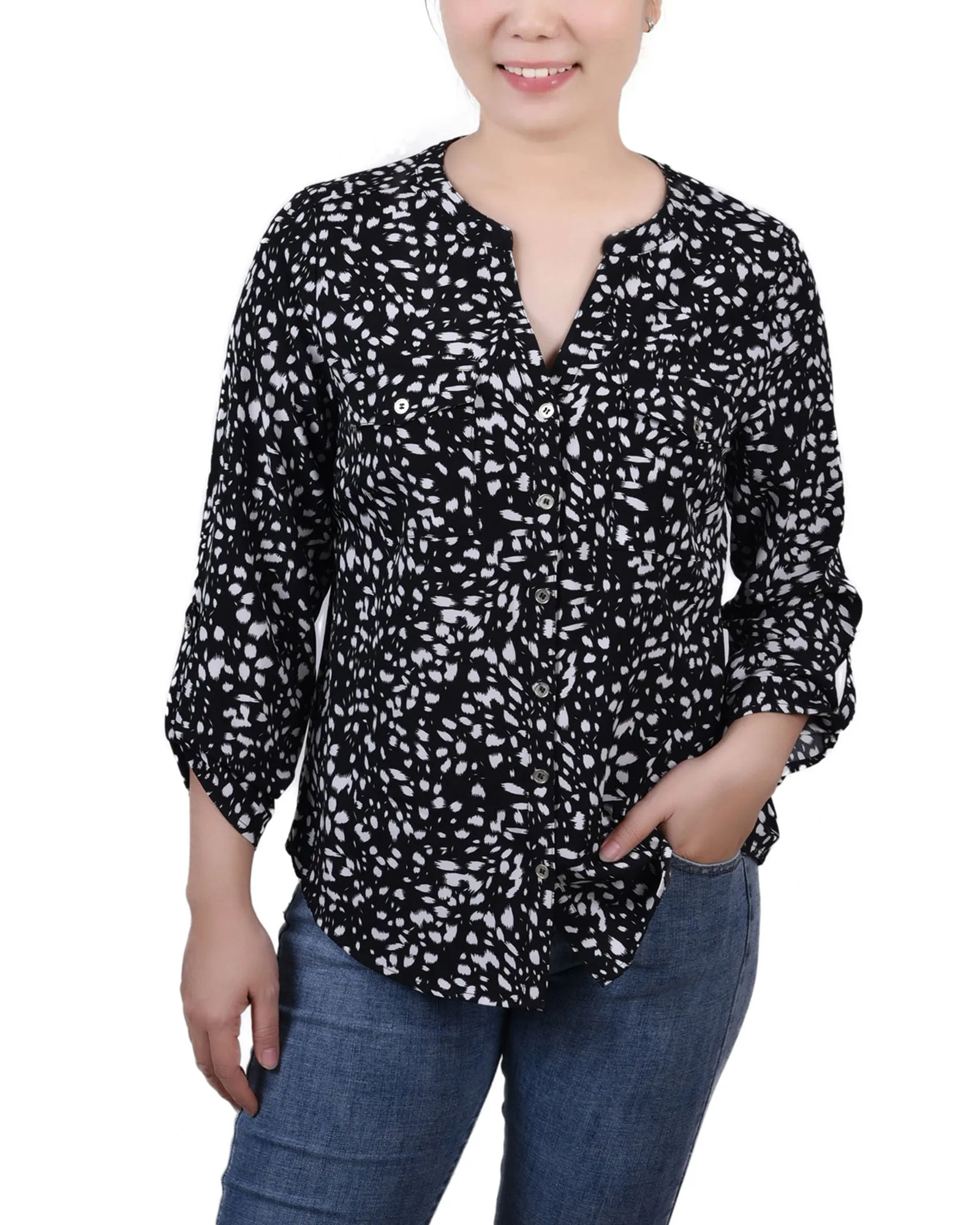 Blouse Petite à Encolure en Y avec Manches 3/4 et Pattes à Enrouler