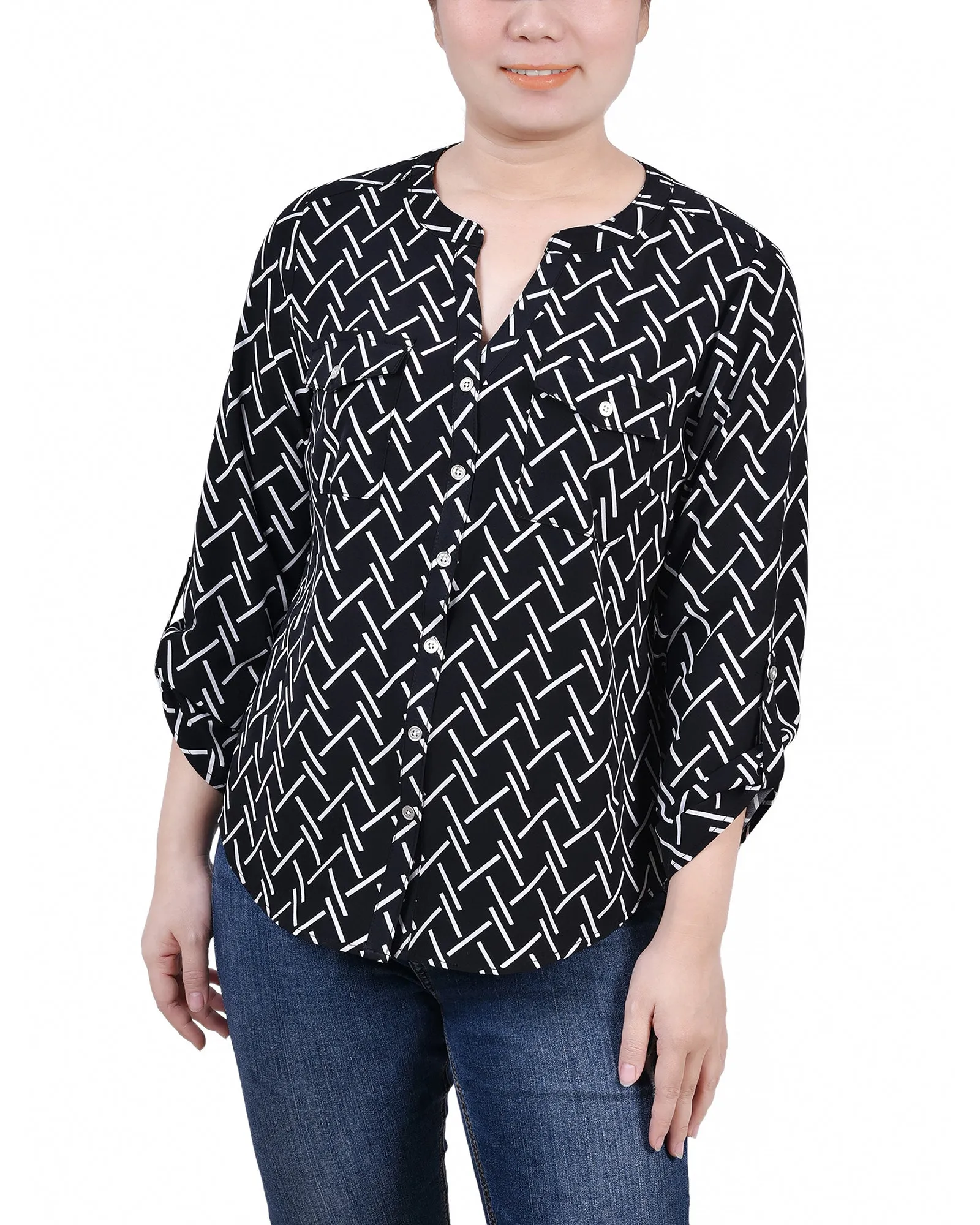 Blouse Petite à Encolure en Y avec Manches 3/4 et Pattes à Enrouler