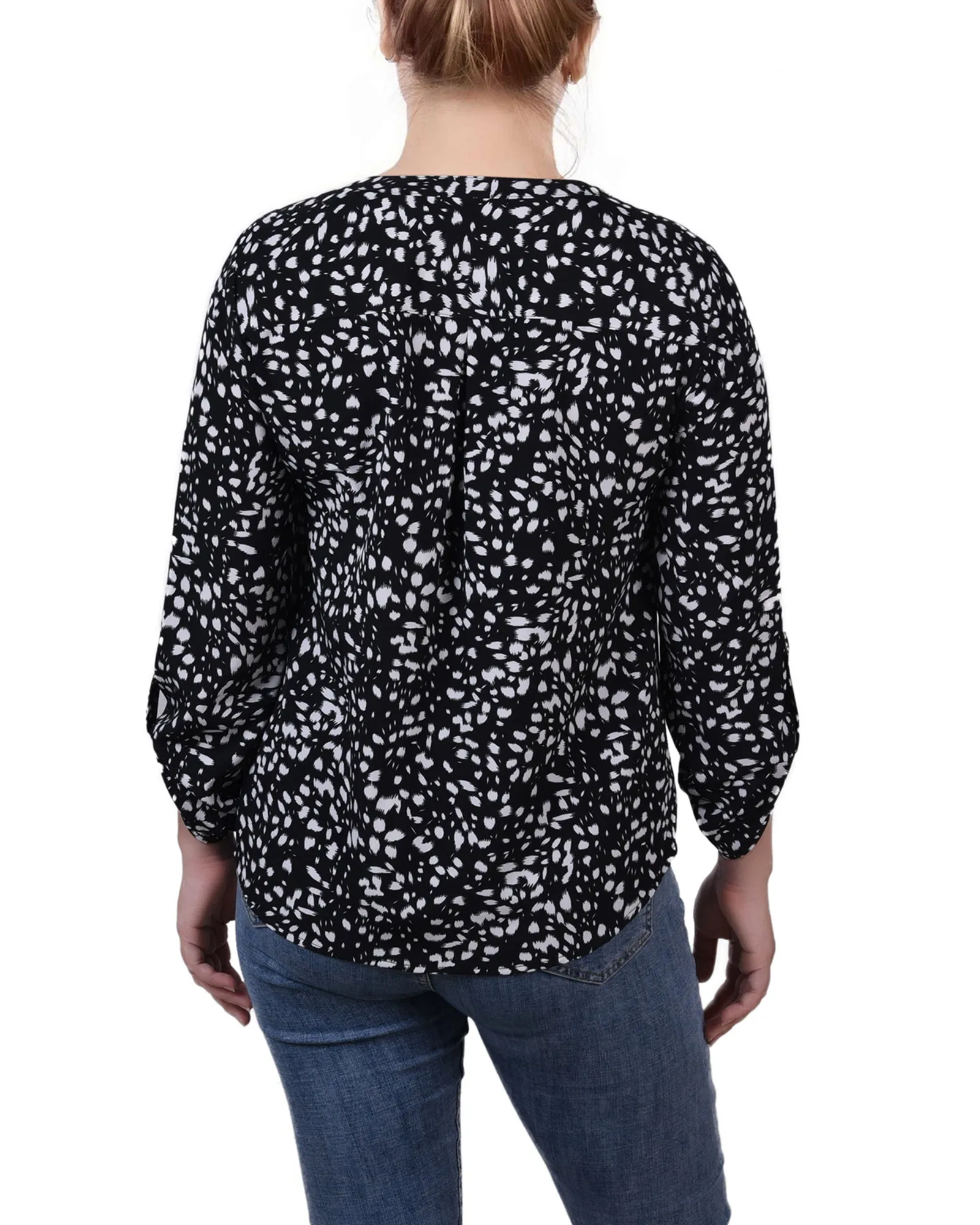 Blouse Petite à Encolure en Y avec Manches 3/4 et Pattes à Enrouler