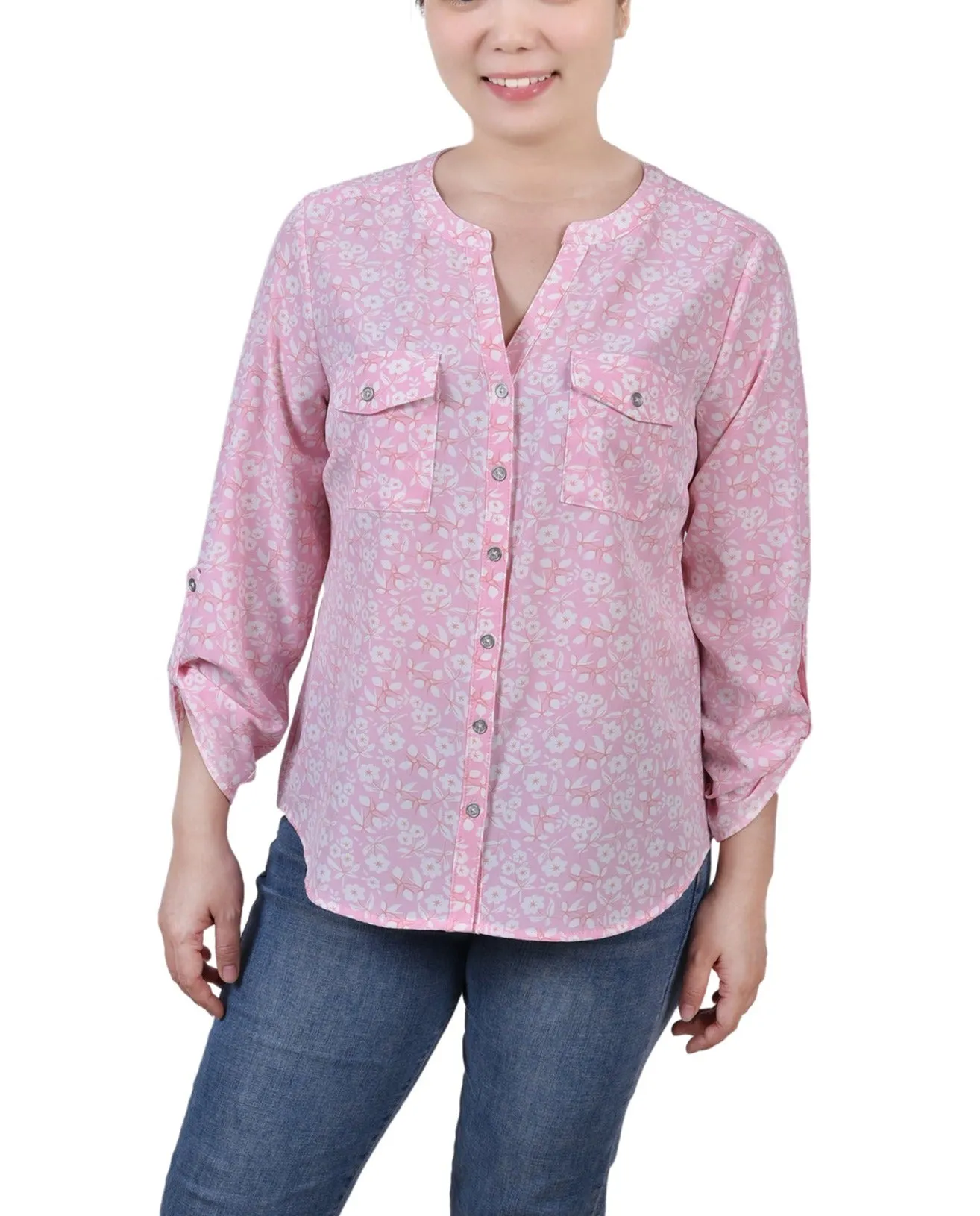 Blouse Petite à Encolure en Y avec Manches 3/4 et Pattes à Enrouler