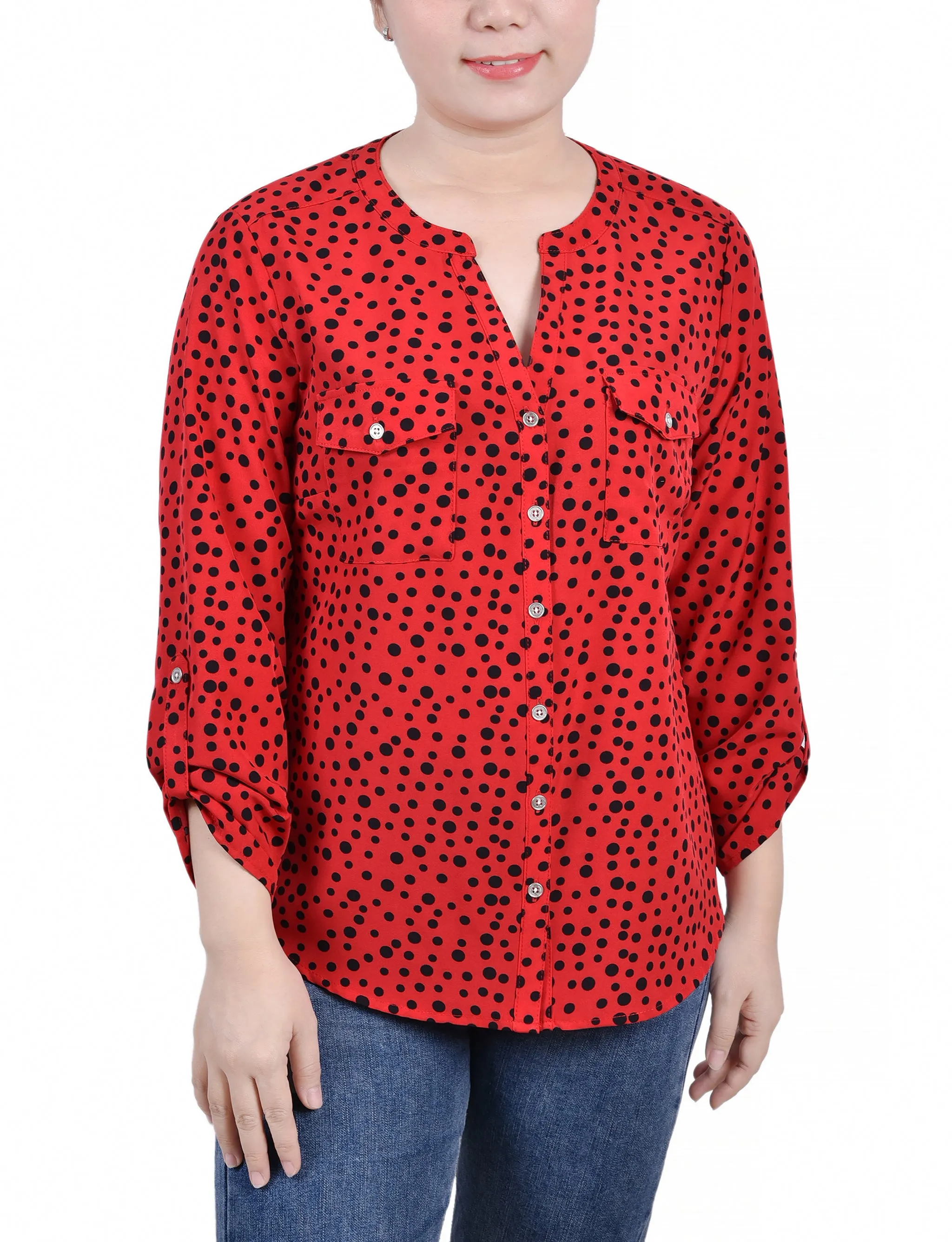 Blouse Petite à Encolure en Y avec Manches 3/4 et Pattes à Enrouler