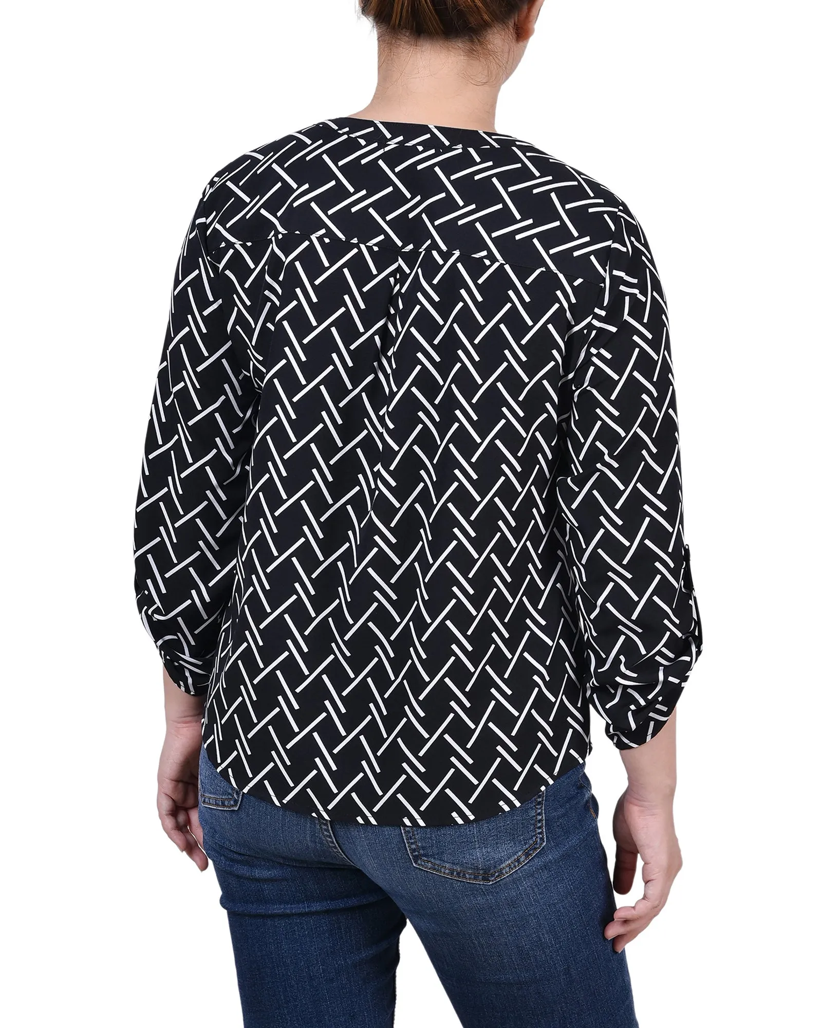 Blouse Petite à Encolure en Y avec Manches 3/4 et Pattes à Enrouler