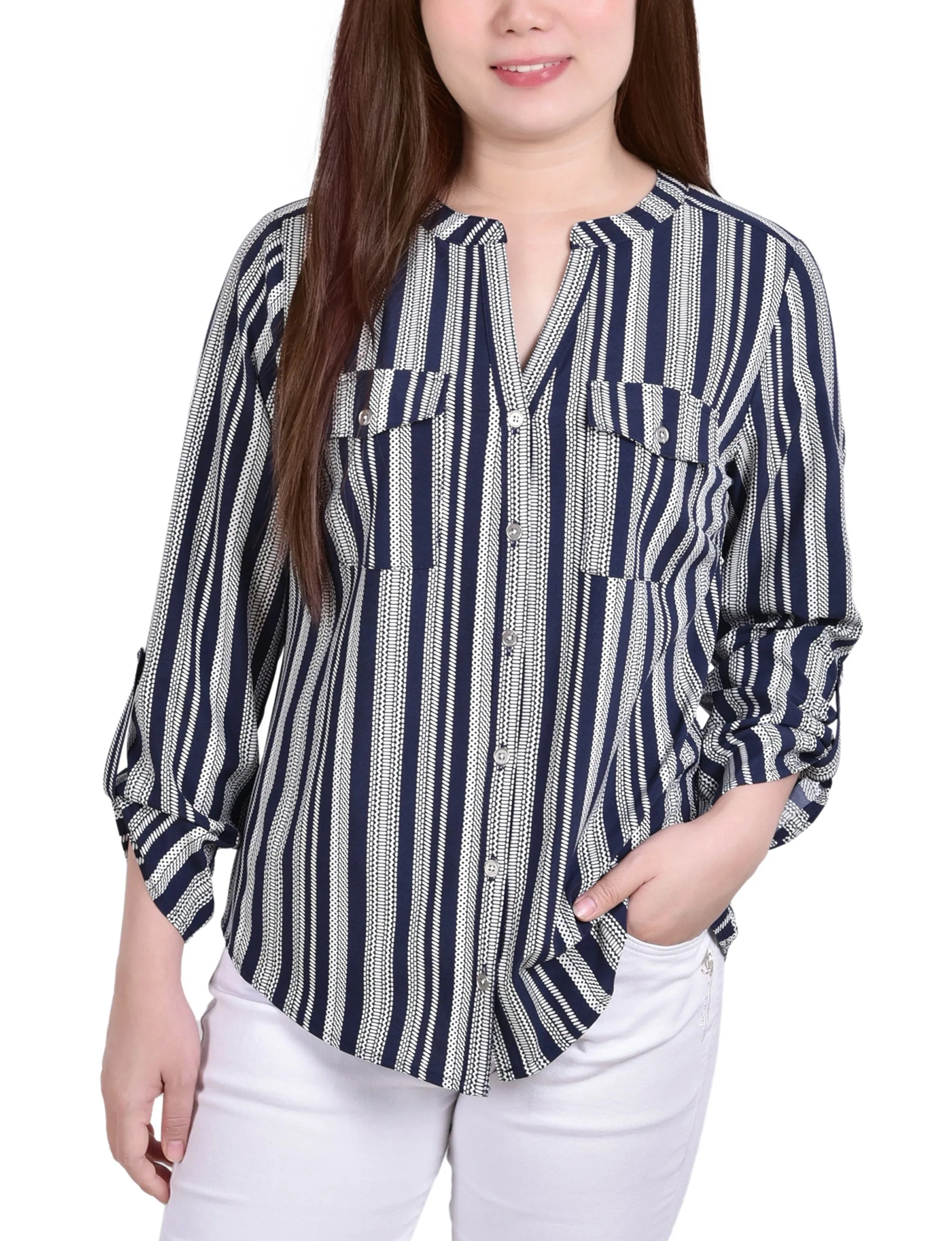 Blouse Petite à Encolure en Y avec Manches 3/4 et Pattes à Enrouler
