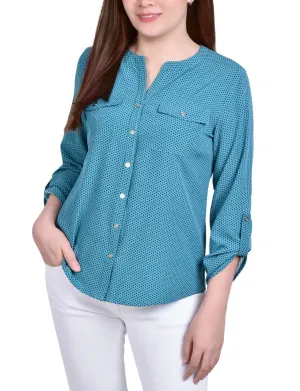 Petite 3/4 Sleeve Roll Tab Y Neck Blouse