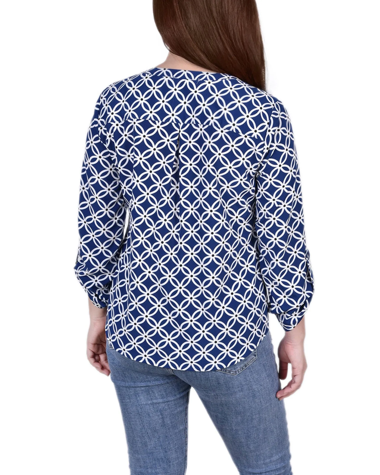 Blouse Petite à Encolure en Y avec Manches 3/4 et Pattes à Enrouler