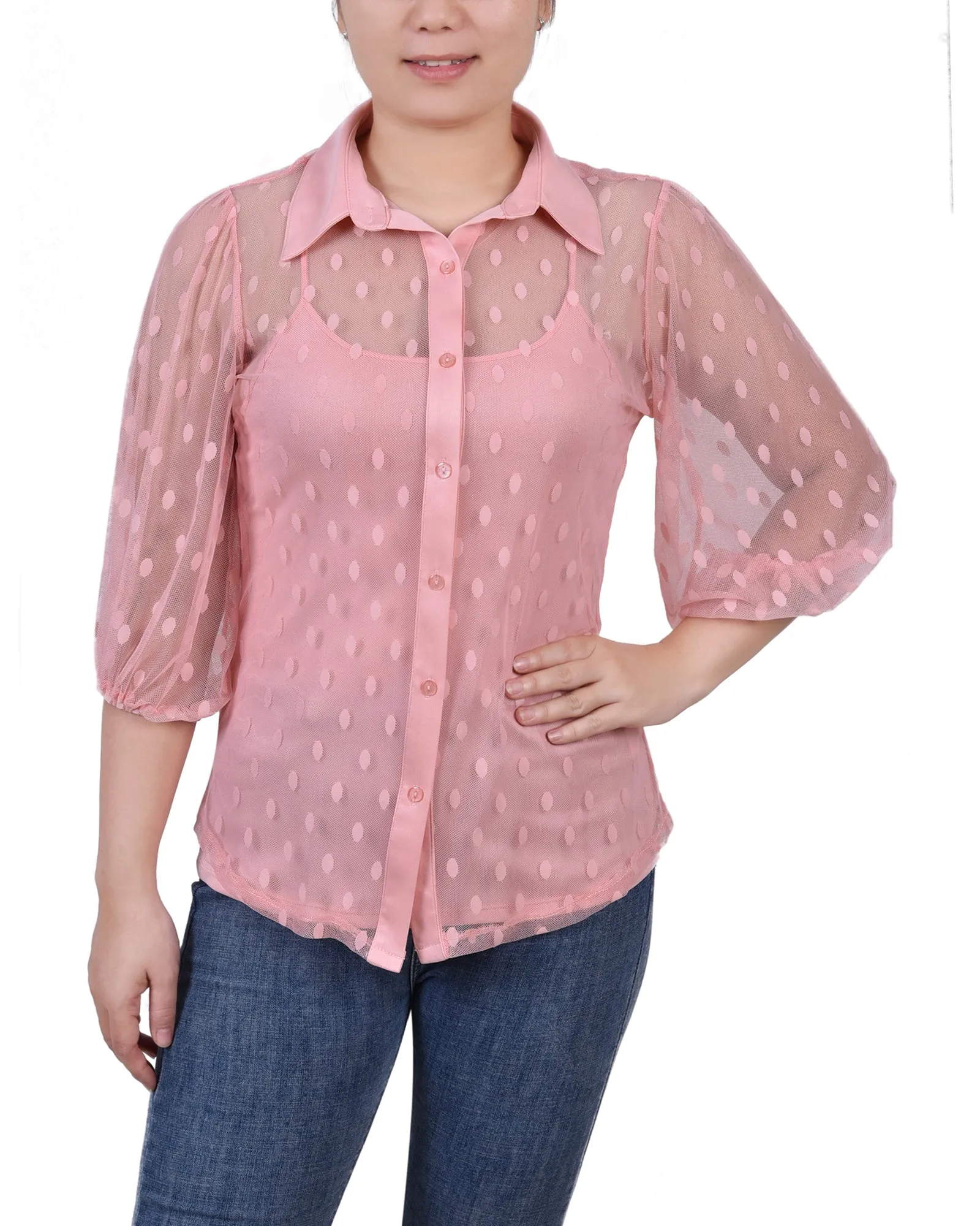 Blouse à pois avec empiècement coude court et camisole