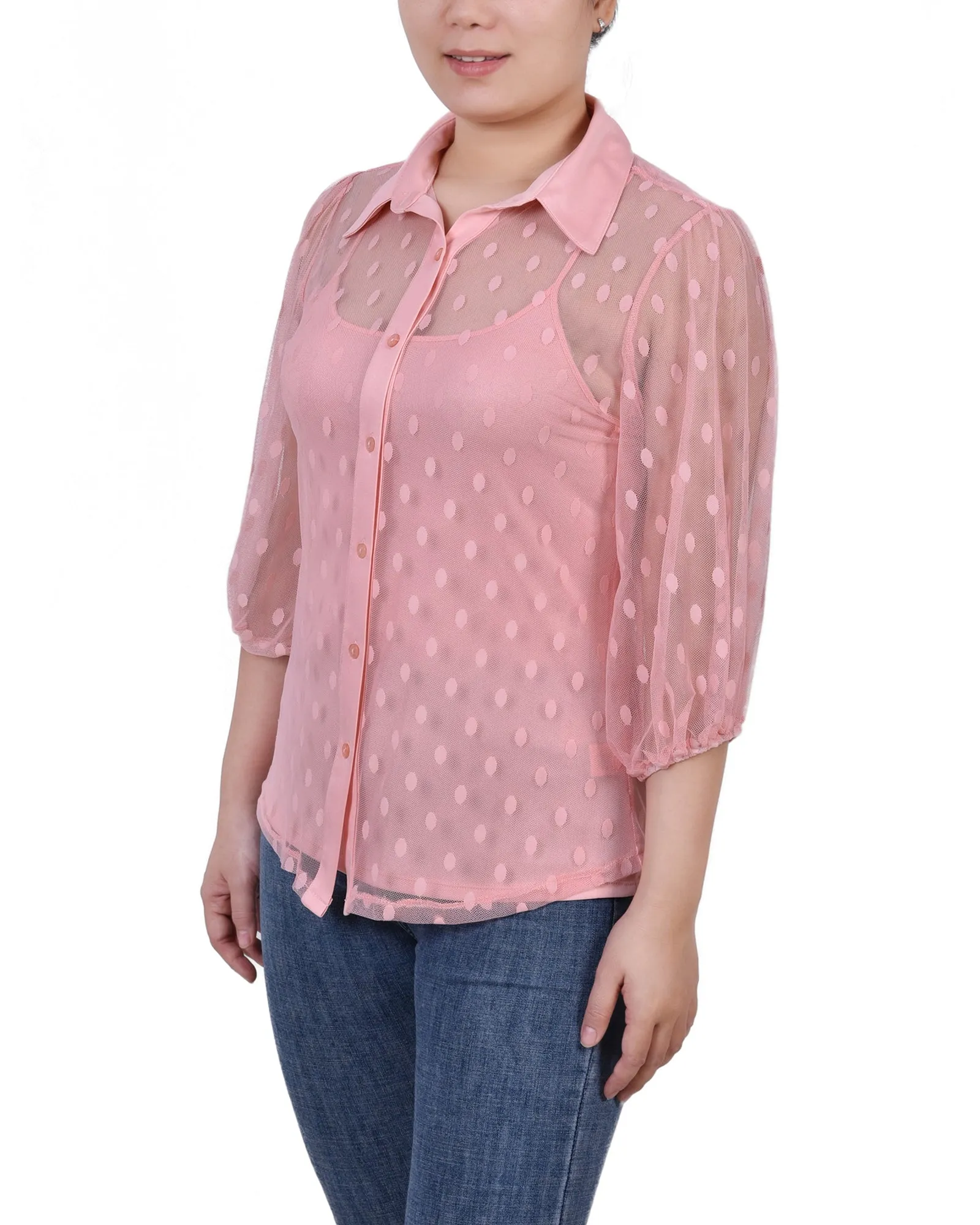 Blouse à pois avec empiècement coude court et camisole