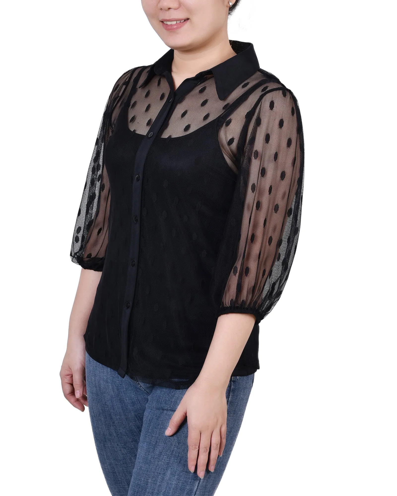 Blouse à pois avec empiècement coude court et camisole