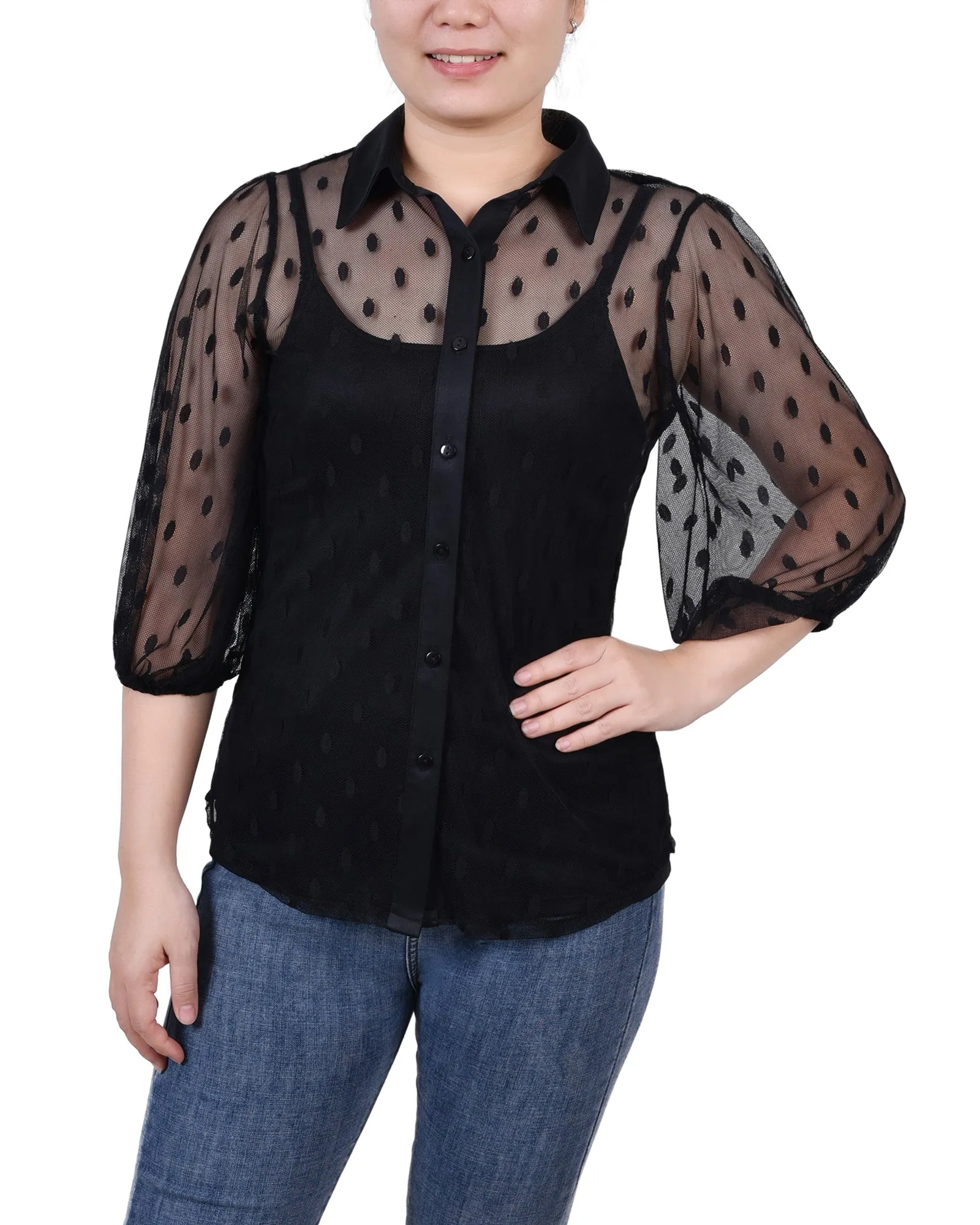 Blouse à pois avec empiècement coude court et camisole