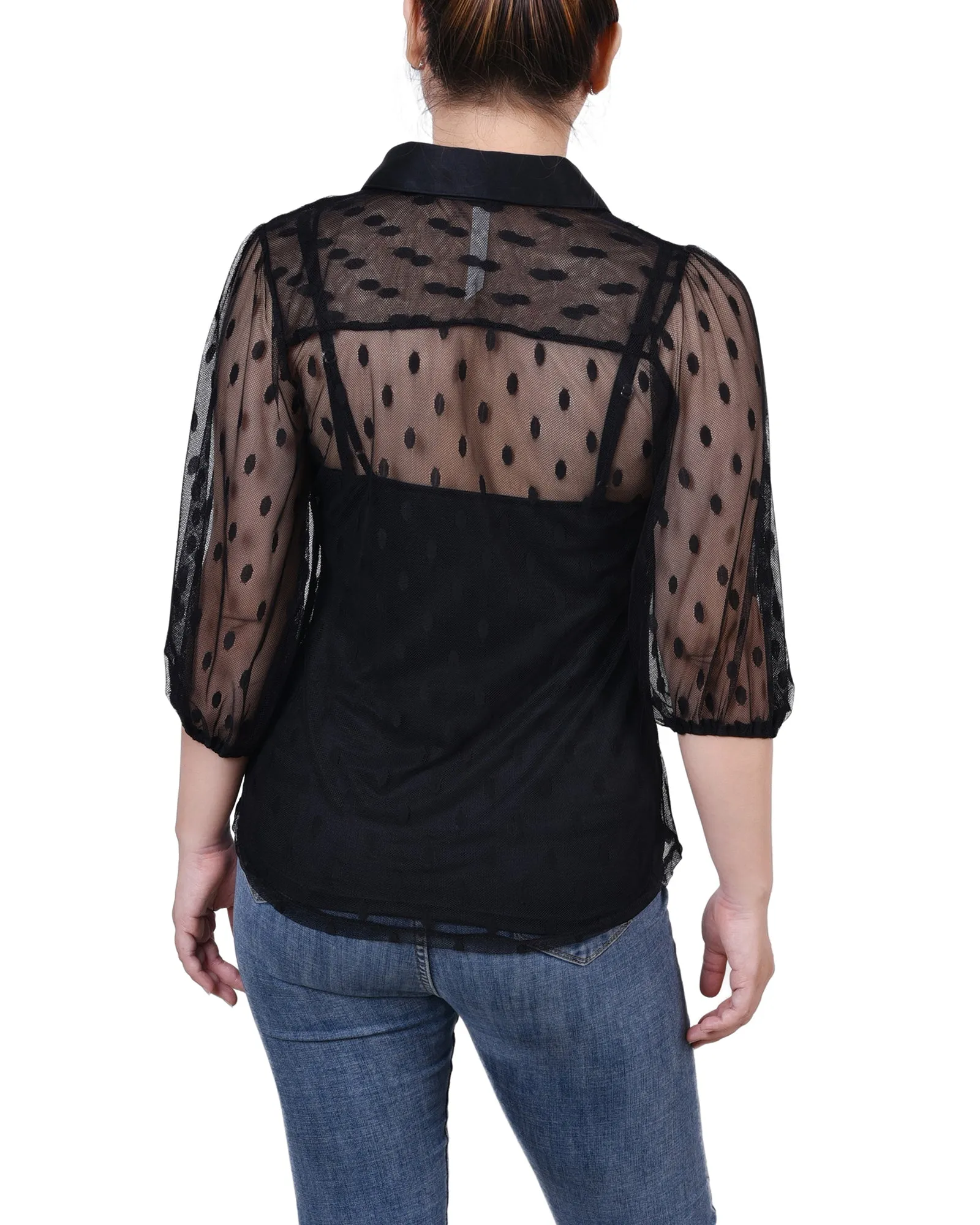 Blouse à pois avec empiècement coude court et camisole