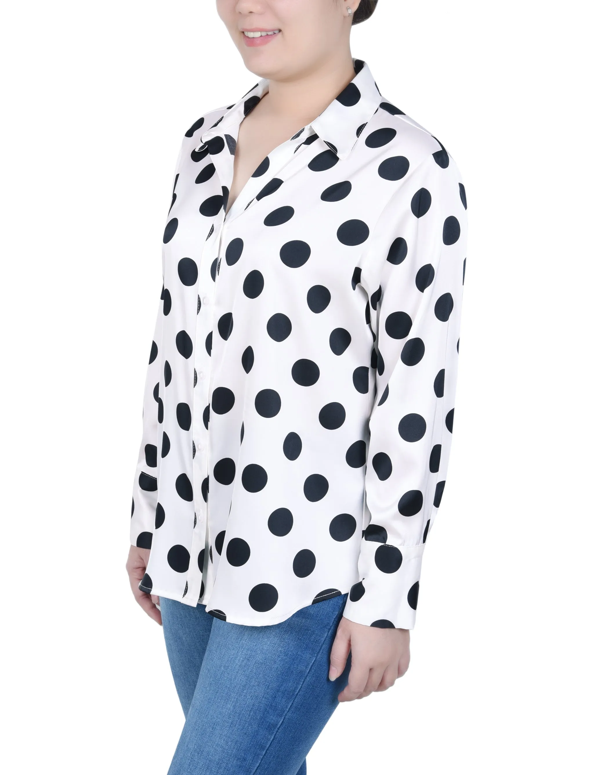 Blouse en satin à pois à manches longues Petite