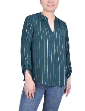 Petite Long Sleeve Foil Striped Blouse