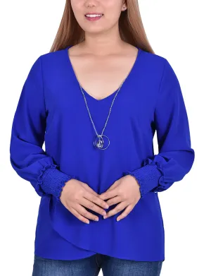 Petite Long Sleeve Overlapping Crepe Blouse Wth Necklace