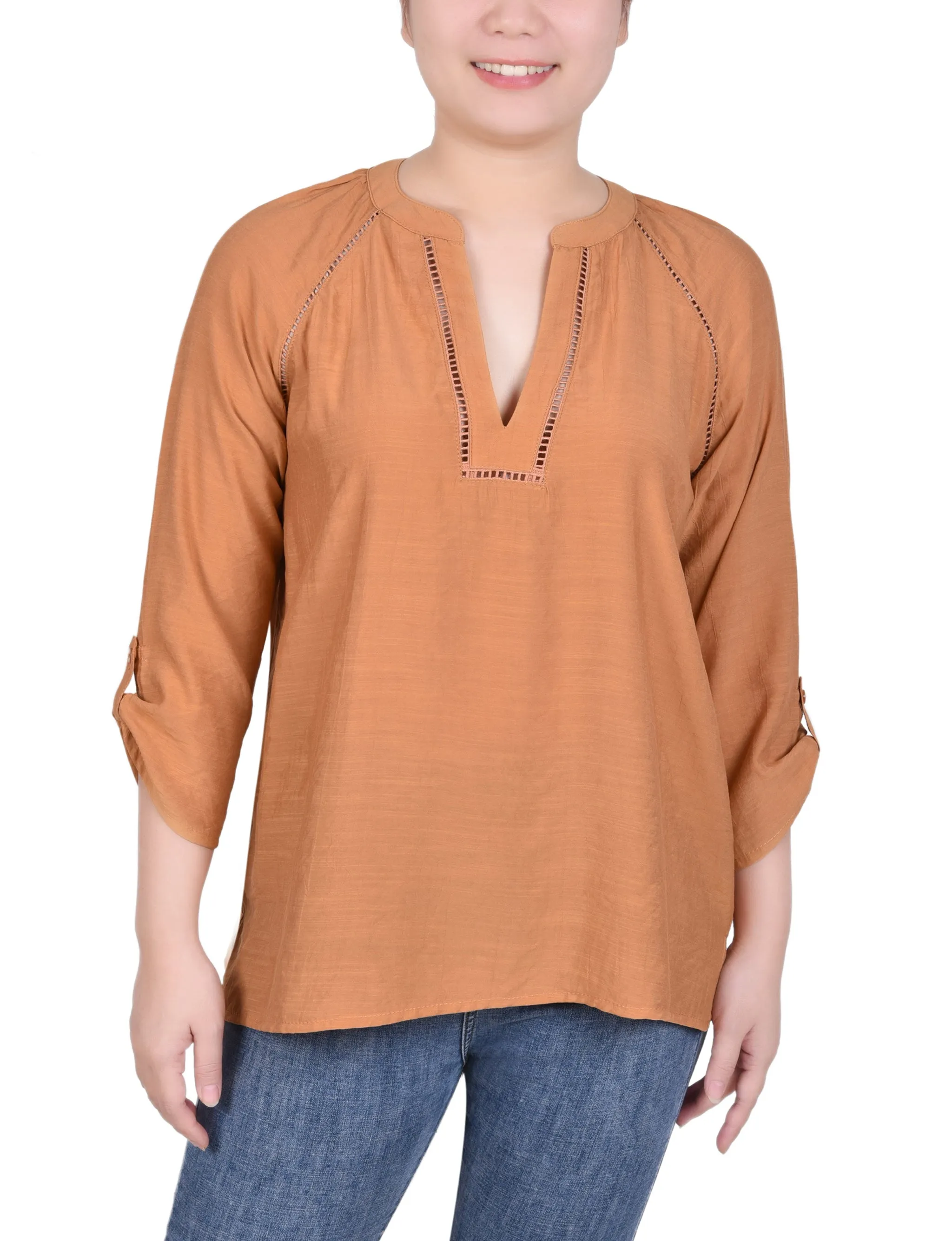 Blouse Petite à Manches Raglan et Encolure Fendue