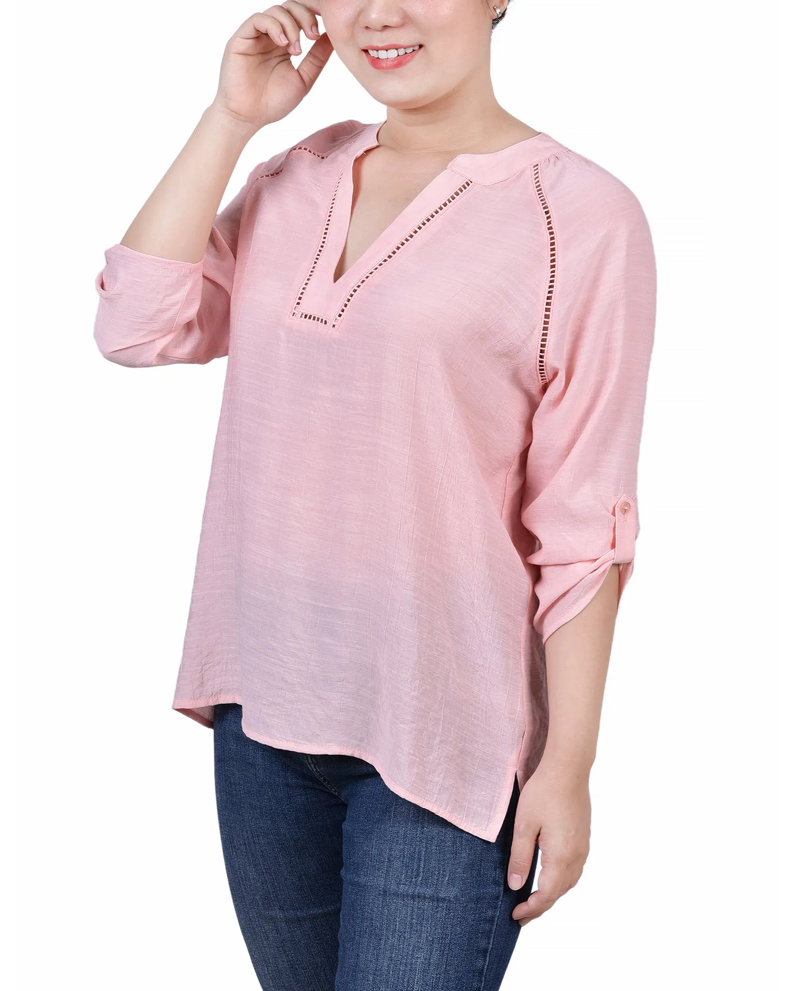 Blouse Petite à Manches Raglan et Encolure Fendue