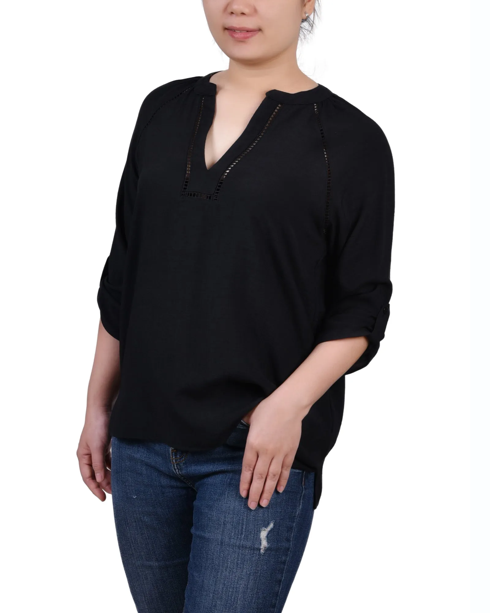 Blouse Petite à Manches Raglan et Encolure Fendue