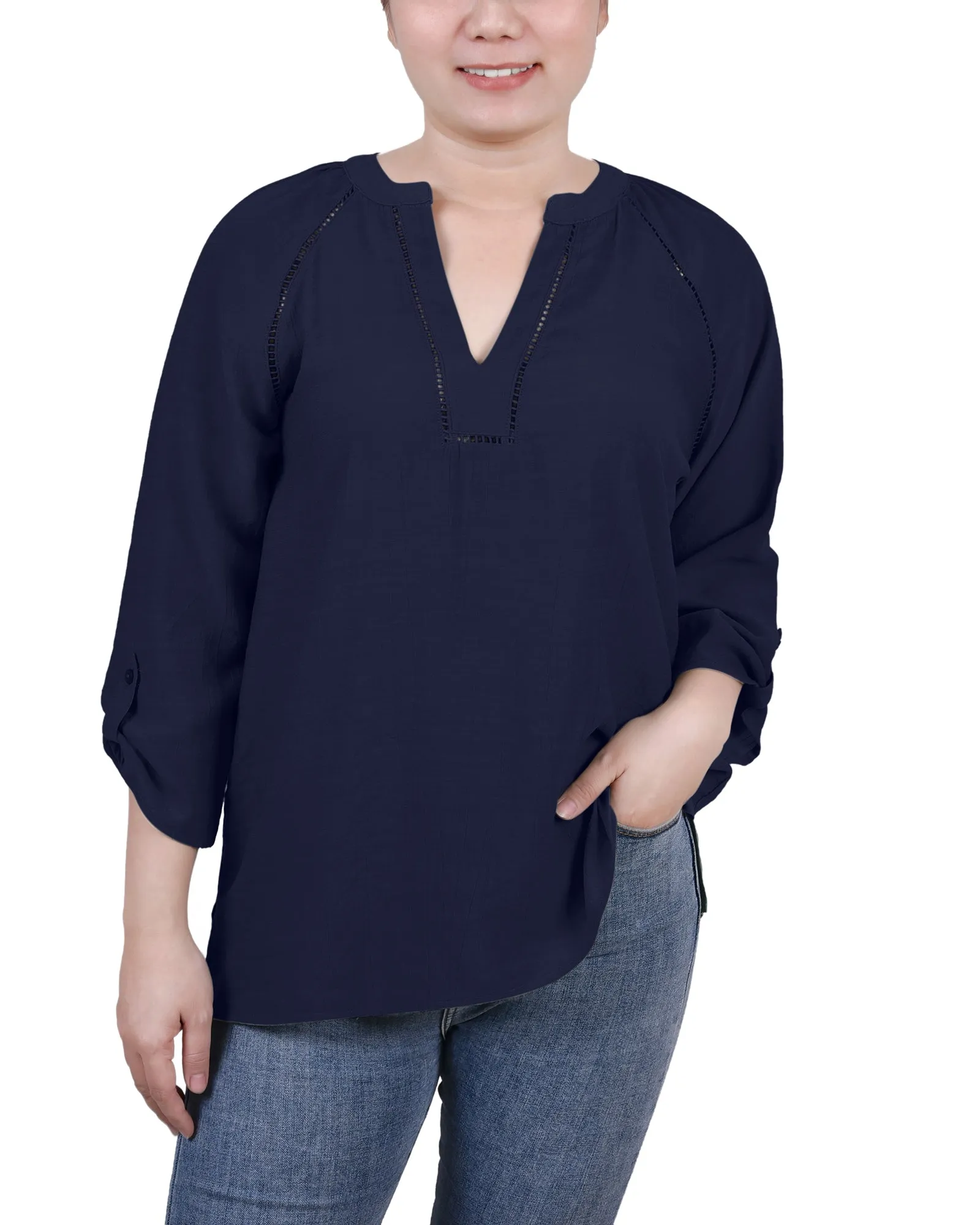 Blouse Petite à Manches Raglan et Encolure Fendue