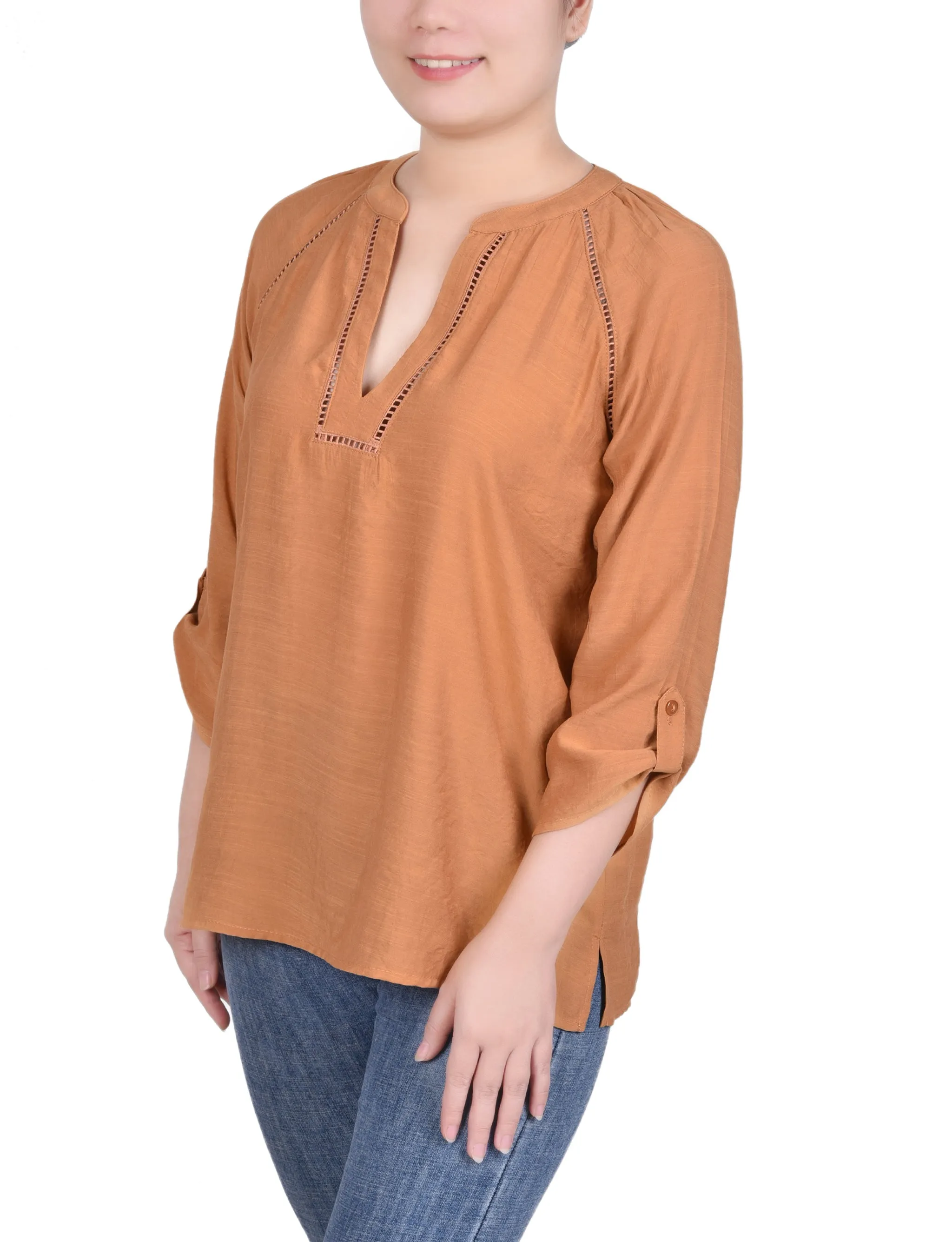 Blouse Petite à Manches Raglan et Encolure Fendue