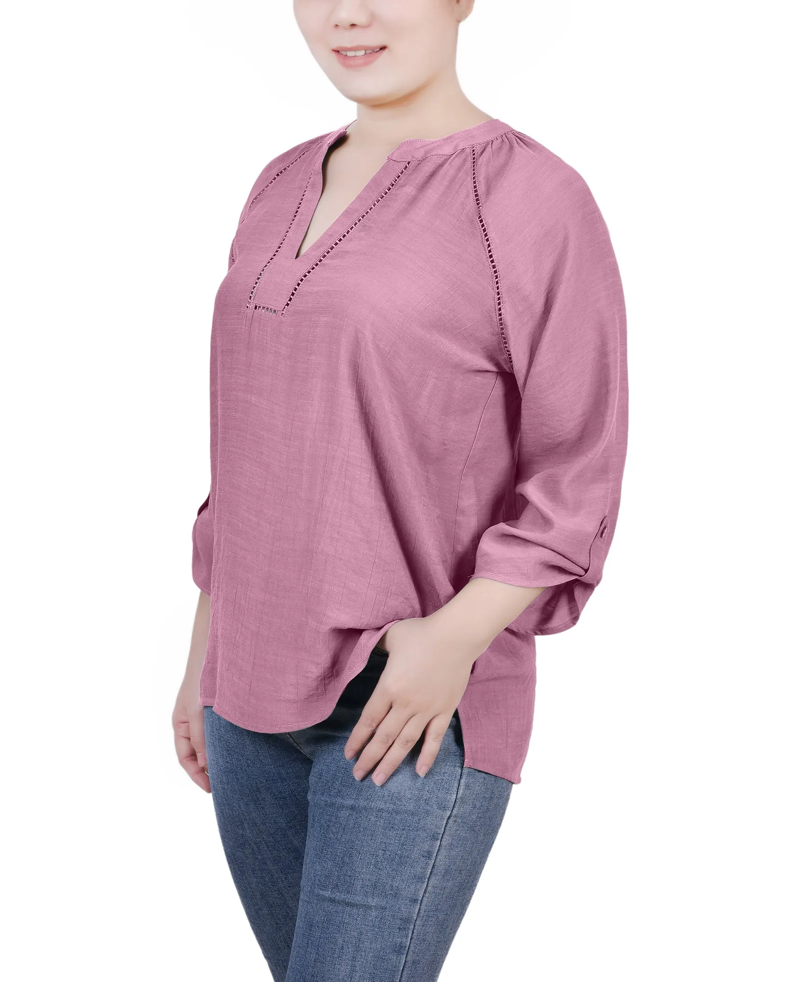 Blouse Petite à Manches Raglan et Encolure Fendue